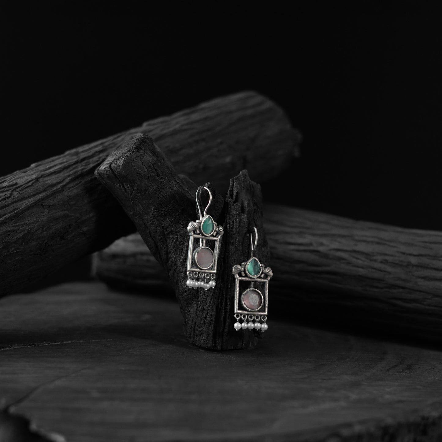 Saanjh Bela Soft Pink & Green Camel Oxidised Earrings