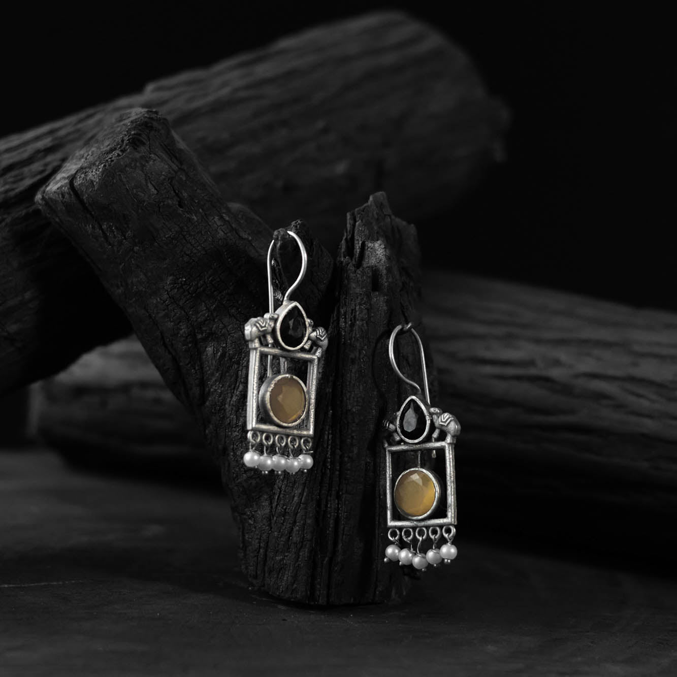 Saanjh Bela Black & Yellow Camel Oxidised Earrings