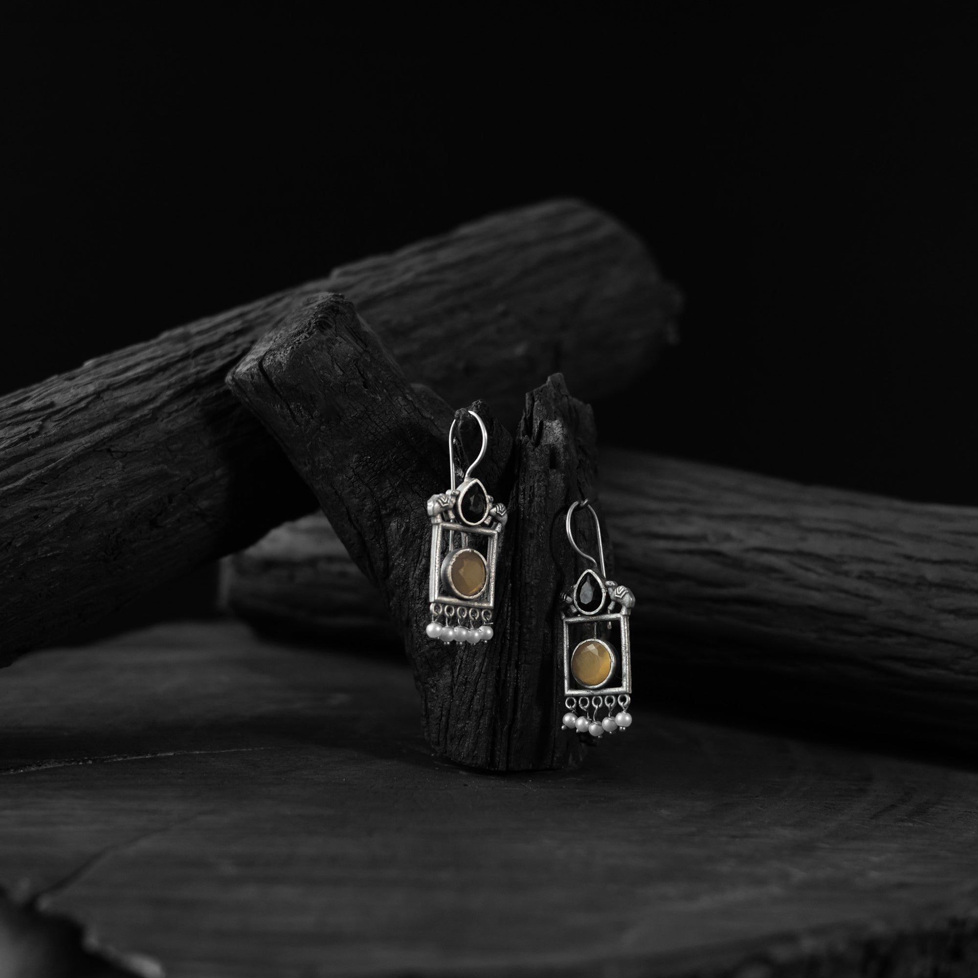Saanjh Bela Black & Yellow Camel Oxidised Earrings