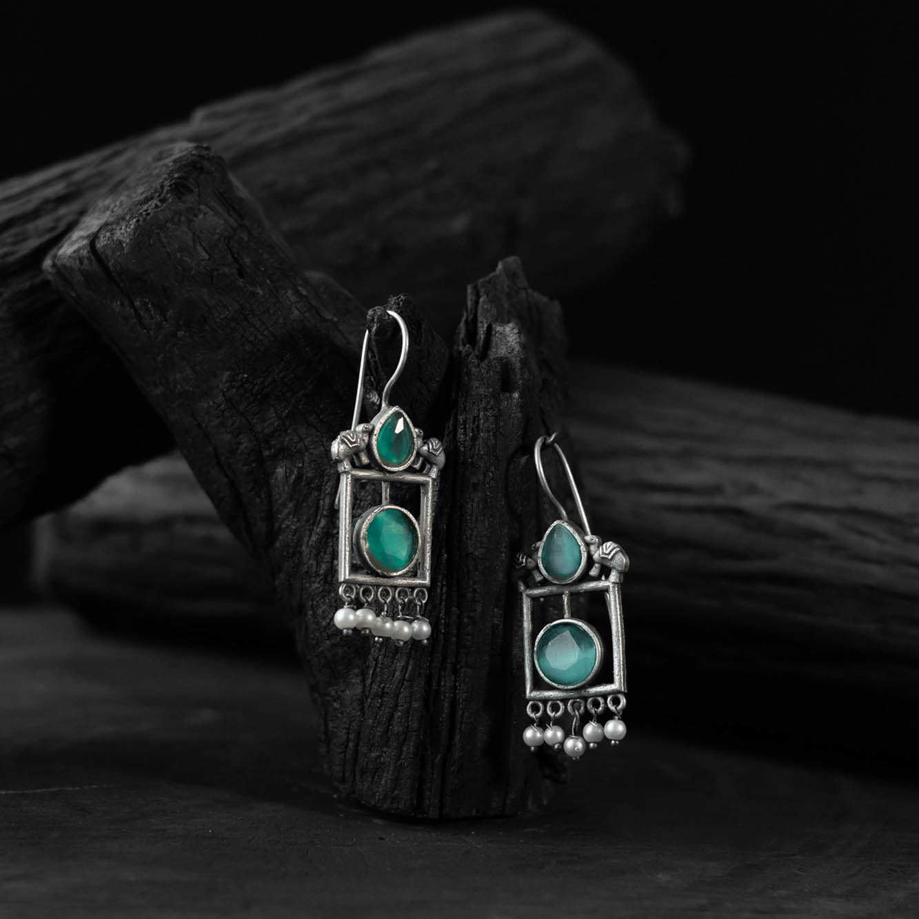 Saanjh Bela Green Camel Oxidised Earrings