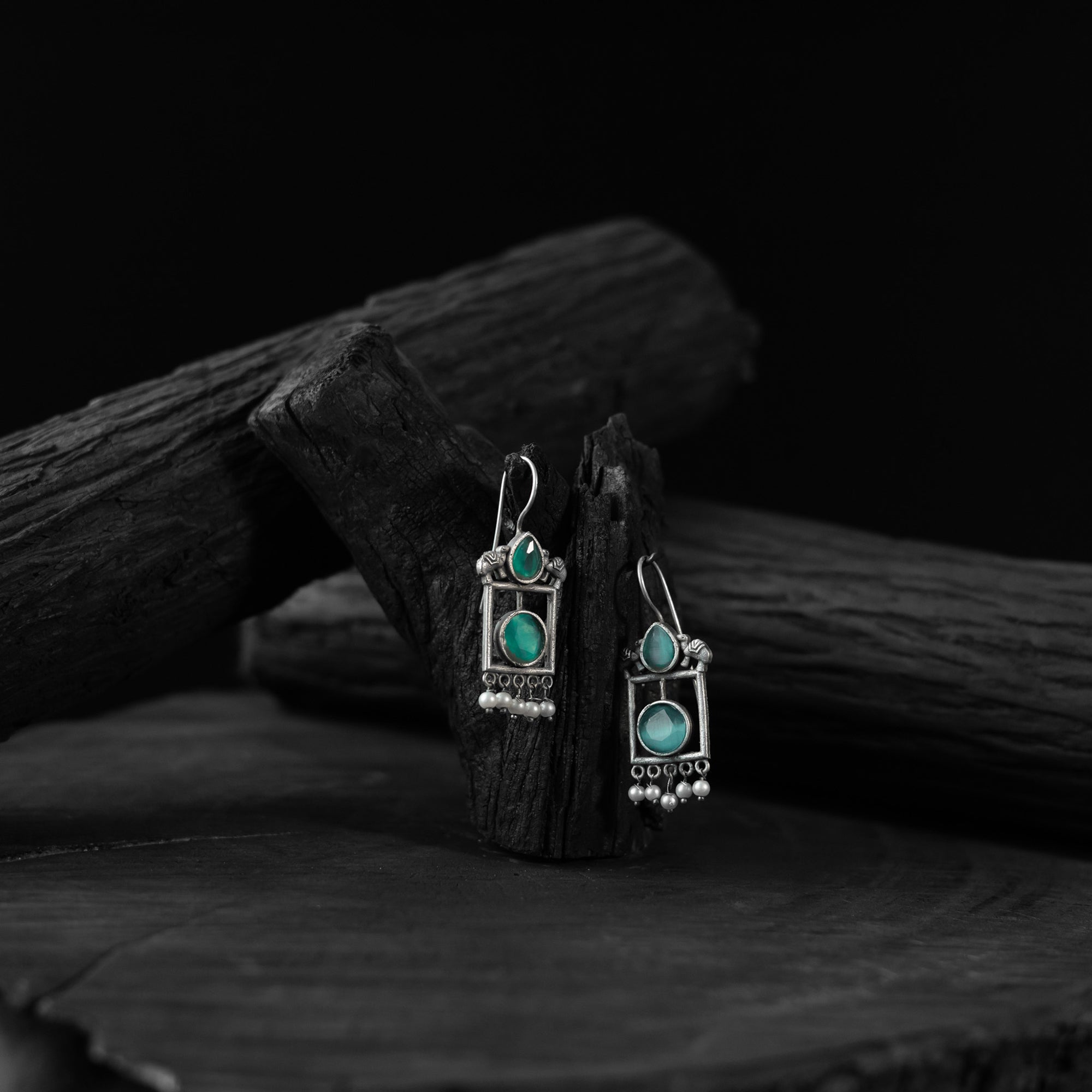 Saanjh Bela Green Camel Oxidised Earrings