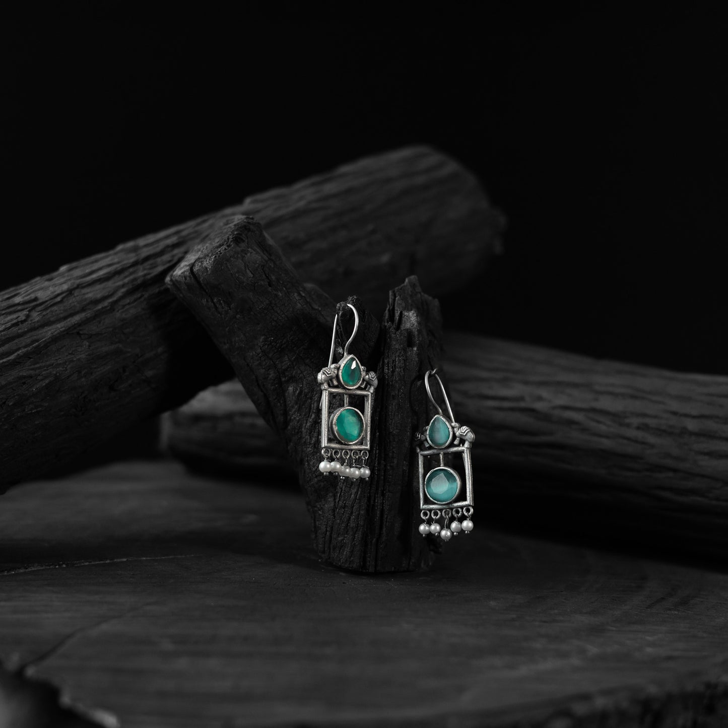 Saanjh Bela Green Camel Oxidised Earrings
