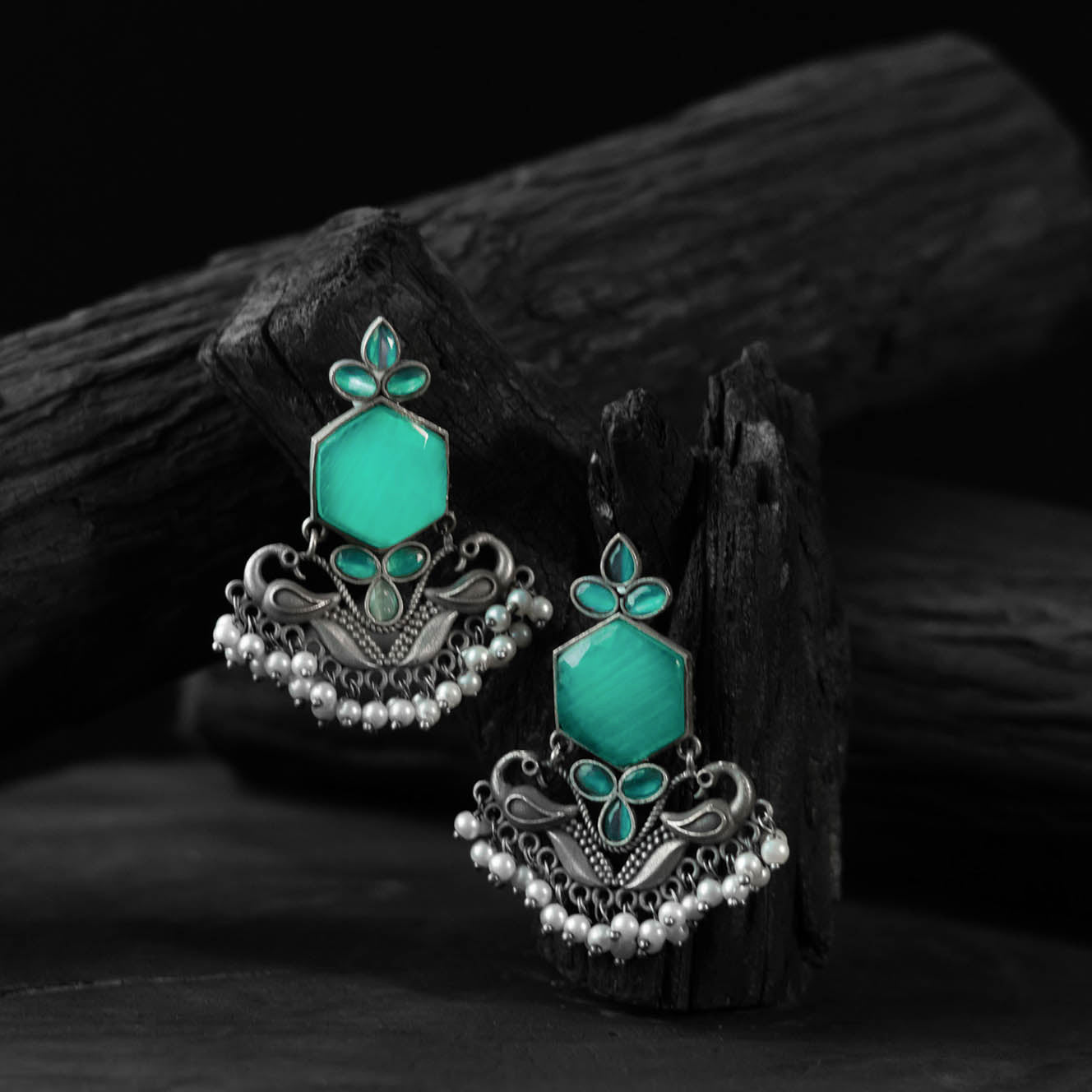 Saanjh Bela Sea Green Peacock Oxidised Earrings