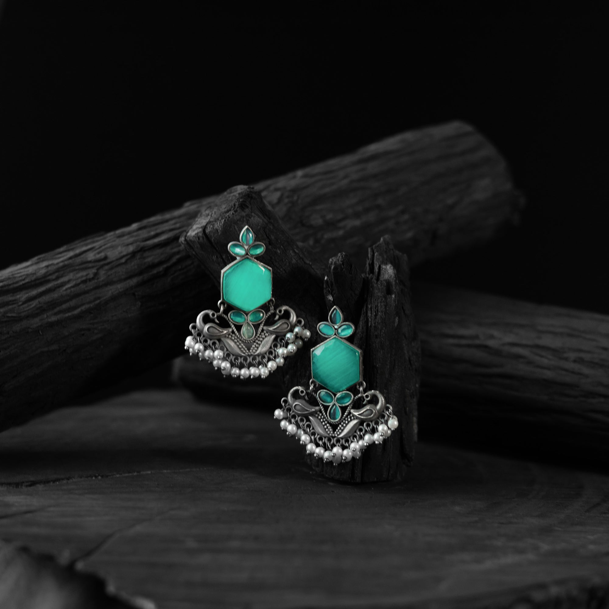 Saanjh Bela Sea Green Peacock Oxidised Earrings