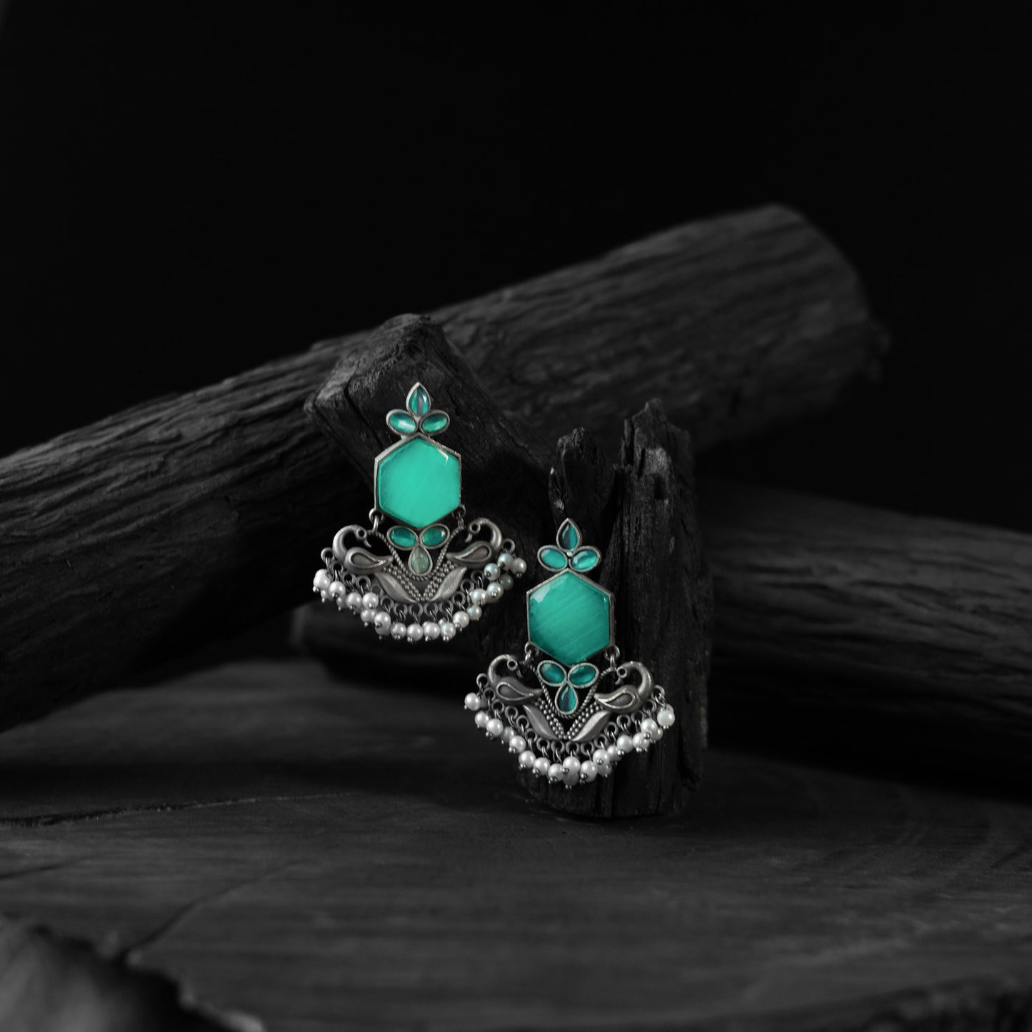 Saanjh Bela Sea Green Peacock Oxidised Earrings