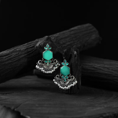 Saanjh Bela Sea Green Peacock Oxidised Earrings