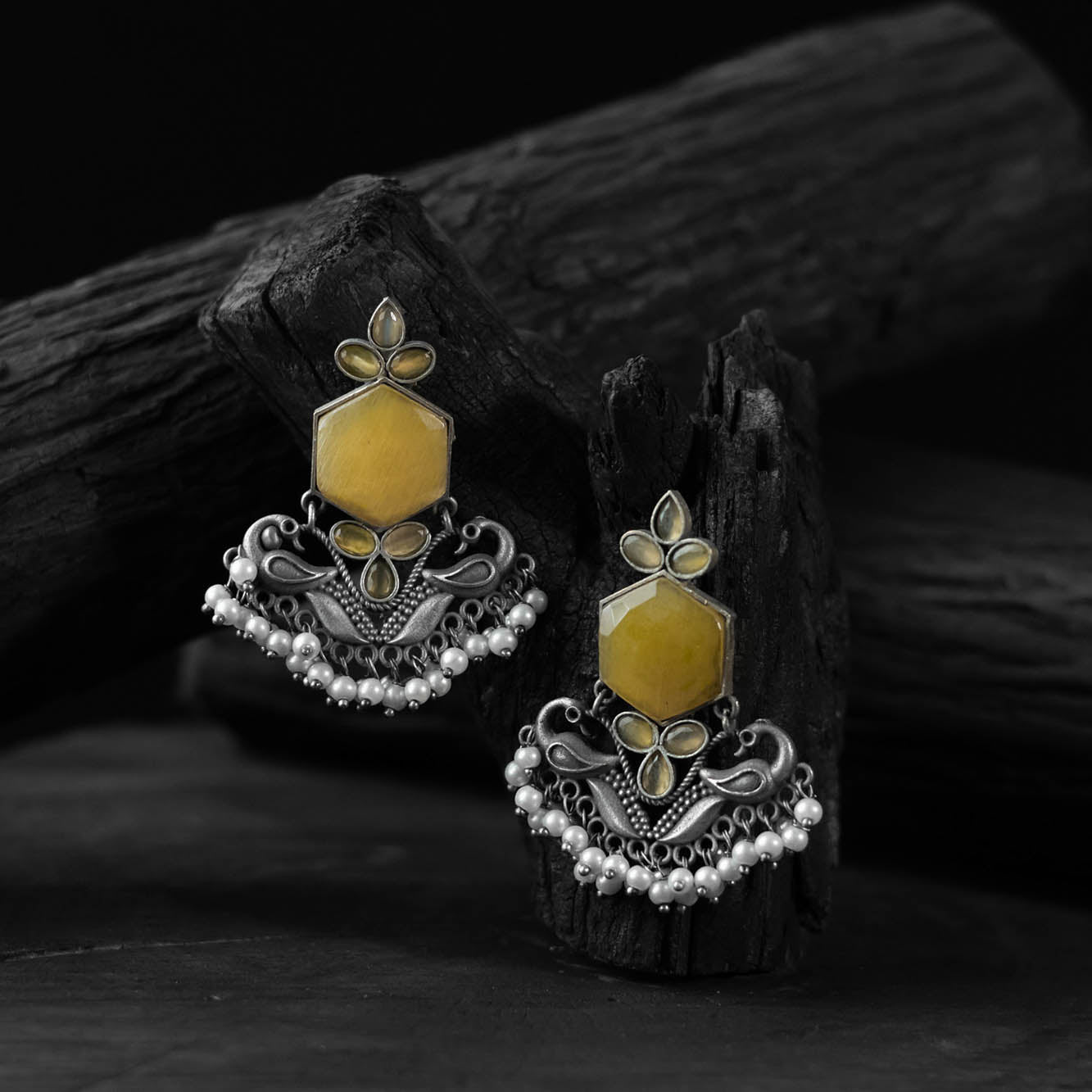 Saanjh Bela Yellow Peacock Oxidised Earrings