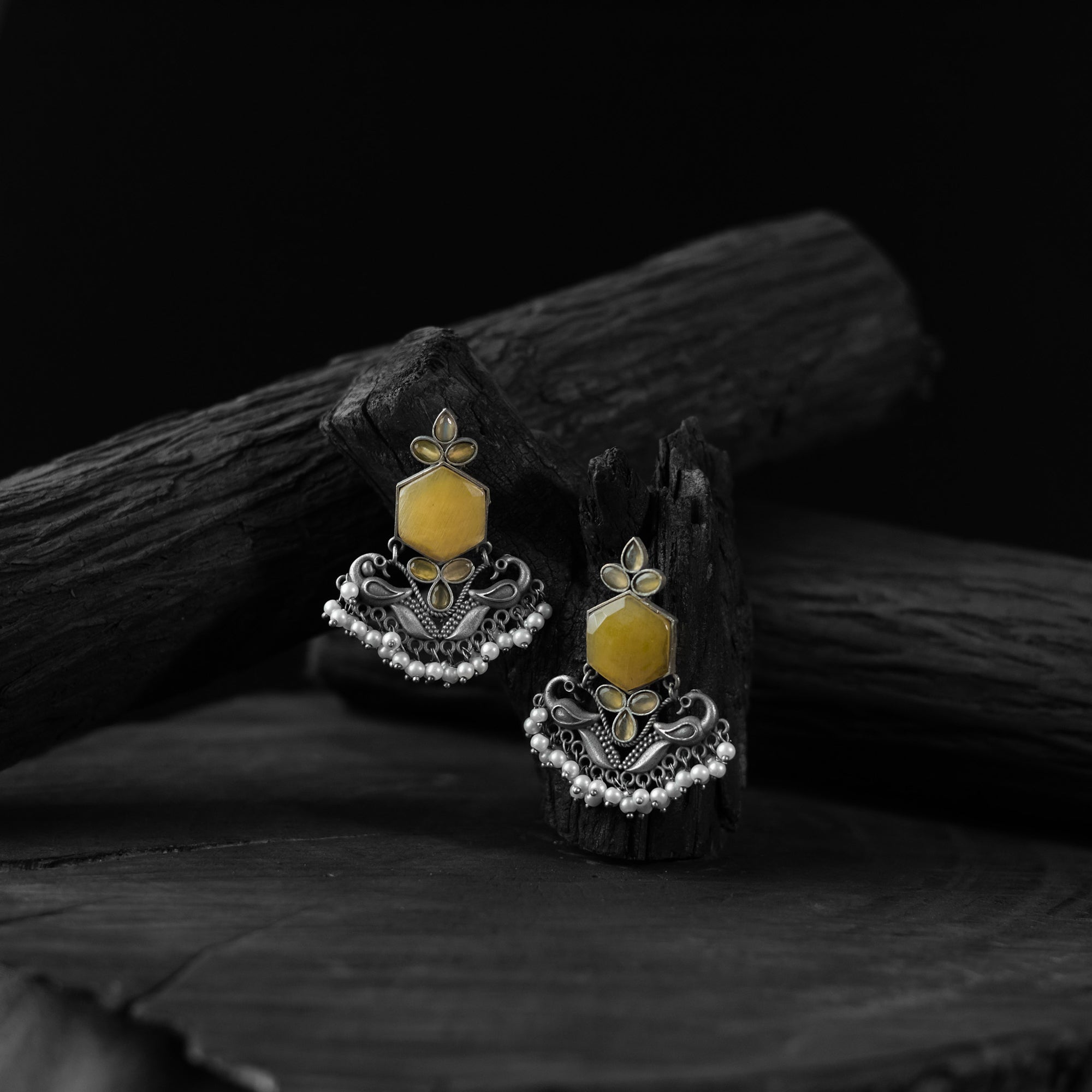 Saanjh Bela Yellow Peacock Oxidised Earrings