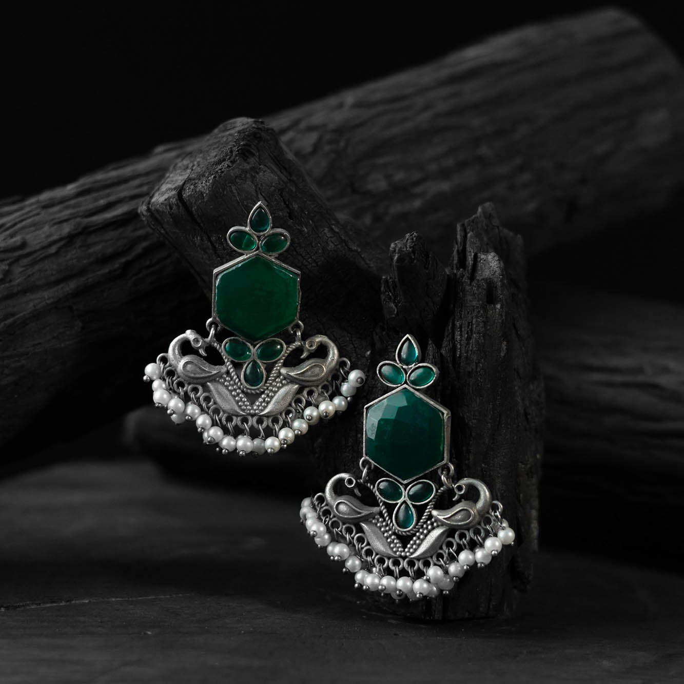 Saanjh Bela Green Peacock Oxidised Earrings