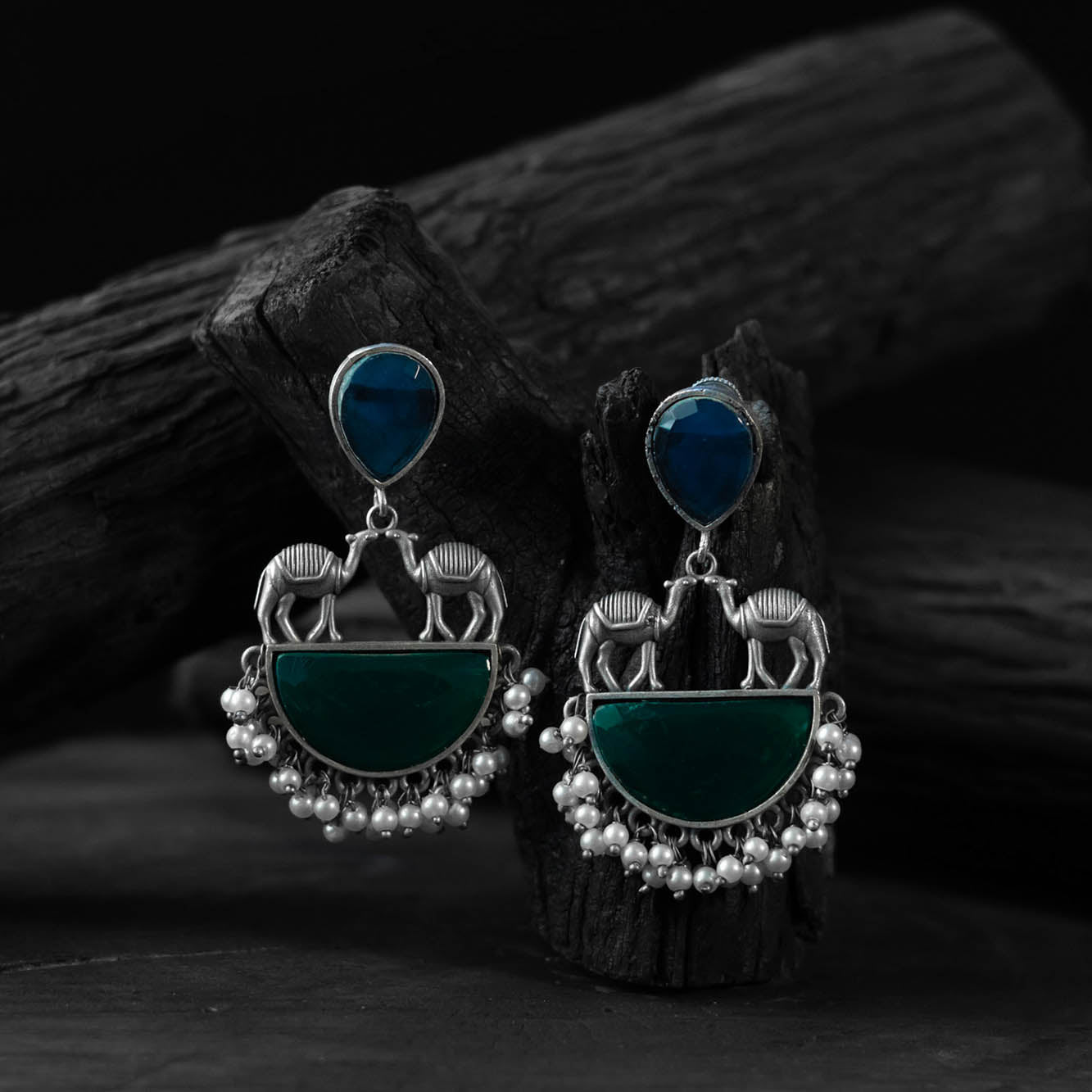 Saanjh Bela Green & Blue Camel Oxidised Earrings