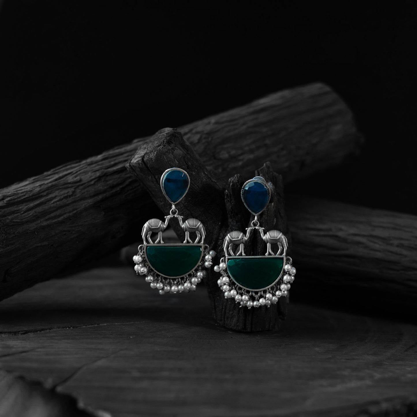 Saanjh Bela Green & Blue Camel Oxidised Earrings
