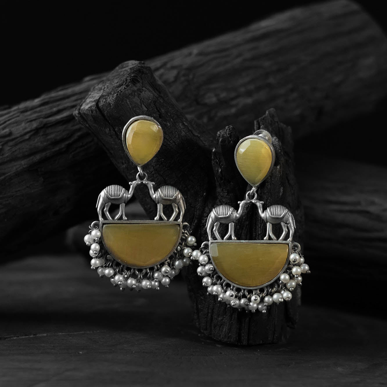 Saanjh Bela Yellow Camel Oxidised Earrings