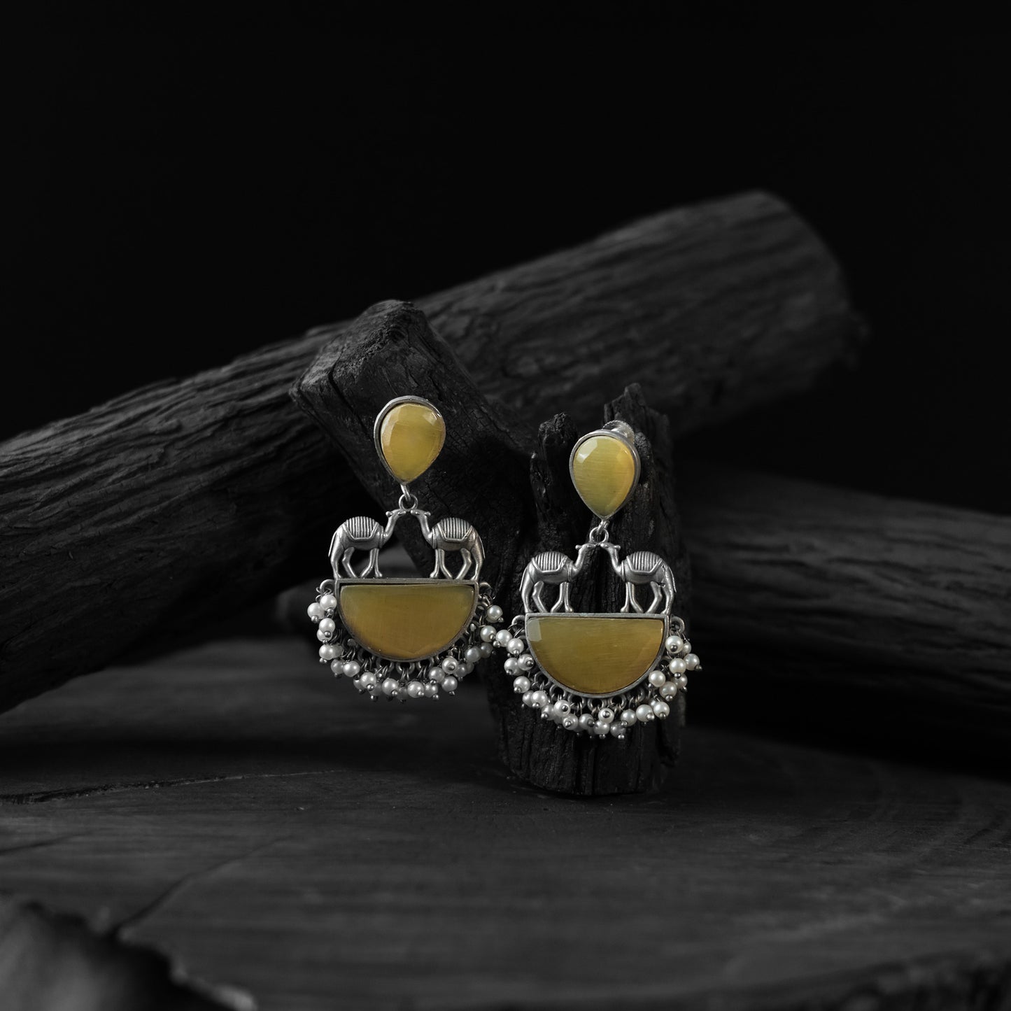 Saanjh Bela Yellow Camel Oxidised Earrings