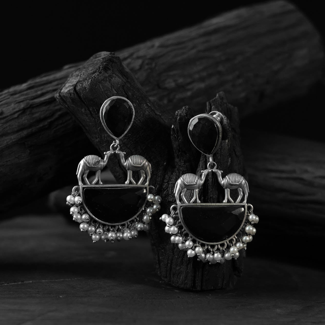 Black Camel Saanjh Bela Oxidised Earrings