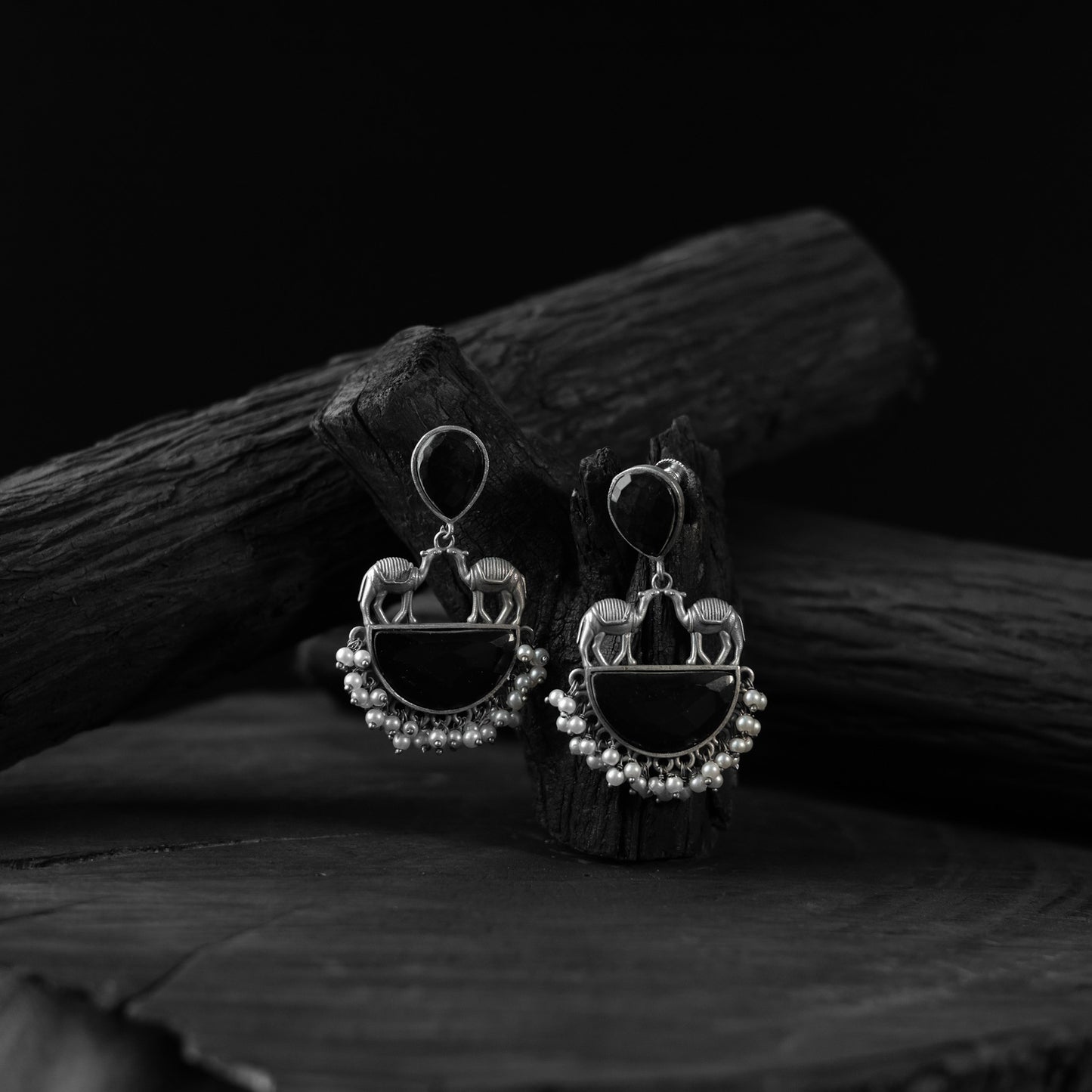 Black Camel Saanjh Bela Oxidised Earrings