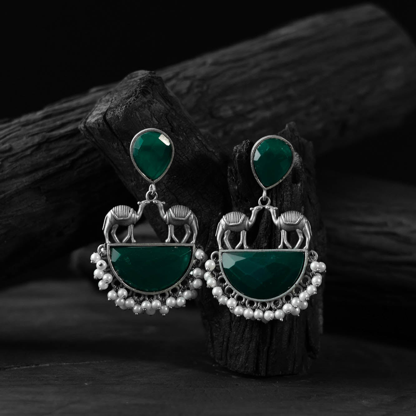Green Camel Saanjh Bela Oxidised Earrings