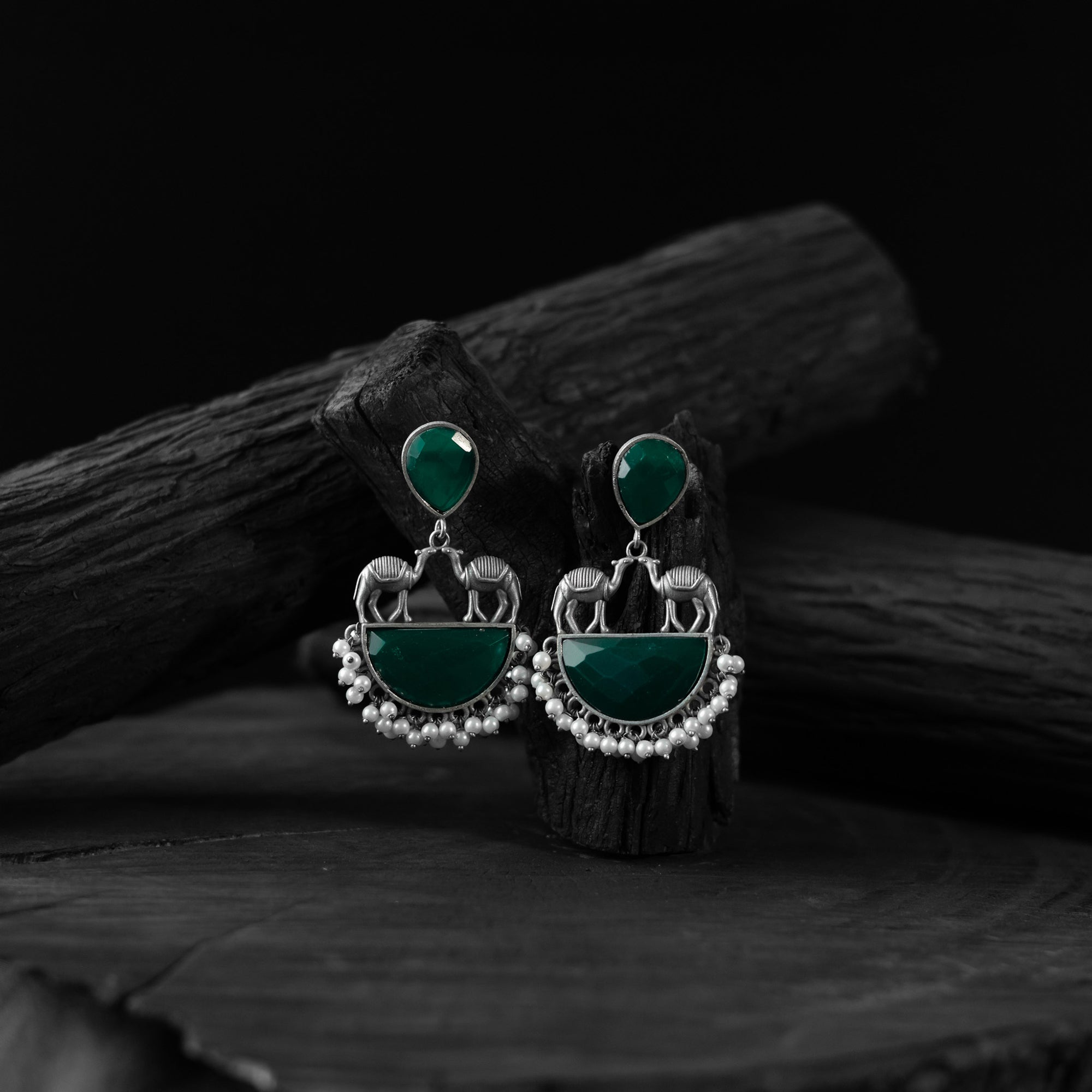 Green Camel Saanjh Bela Oxidised Earrings