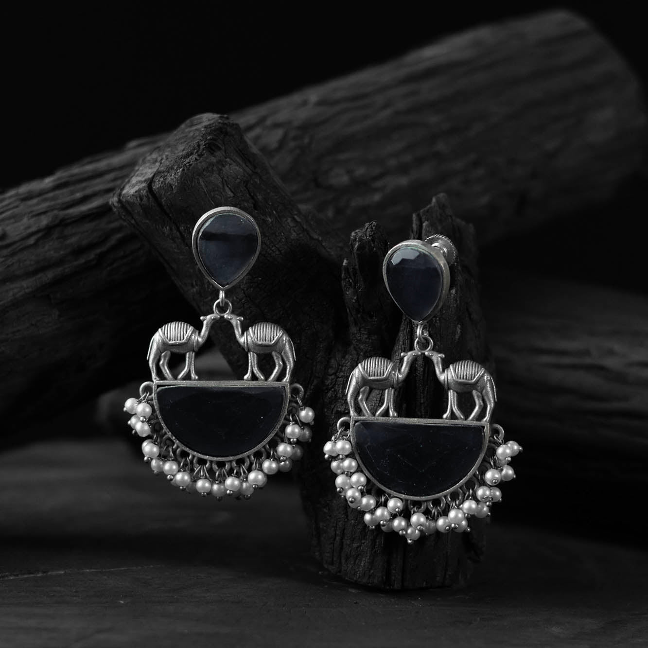 Saanjh Bela Dark Gray Camel Oxidised Earrings