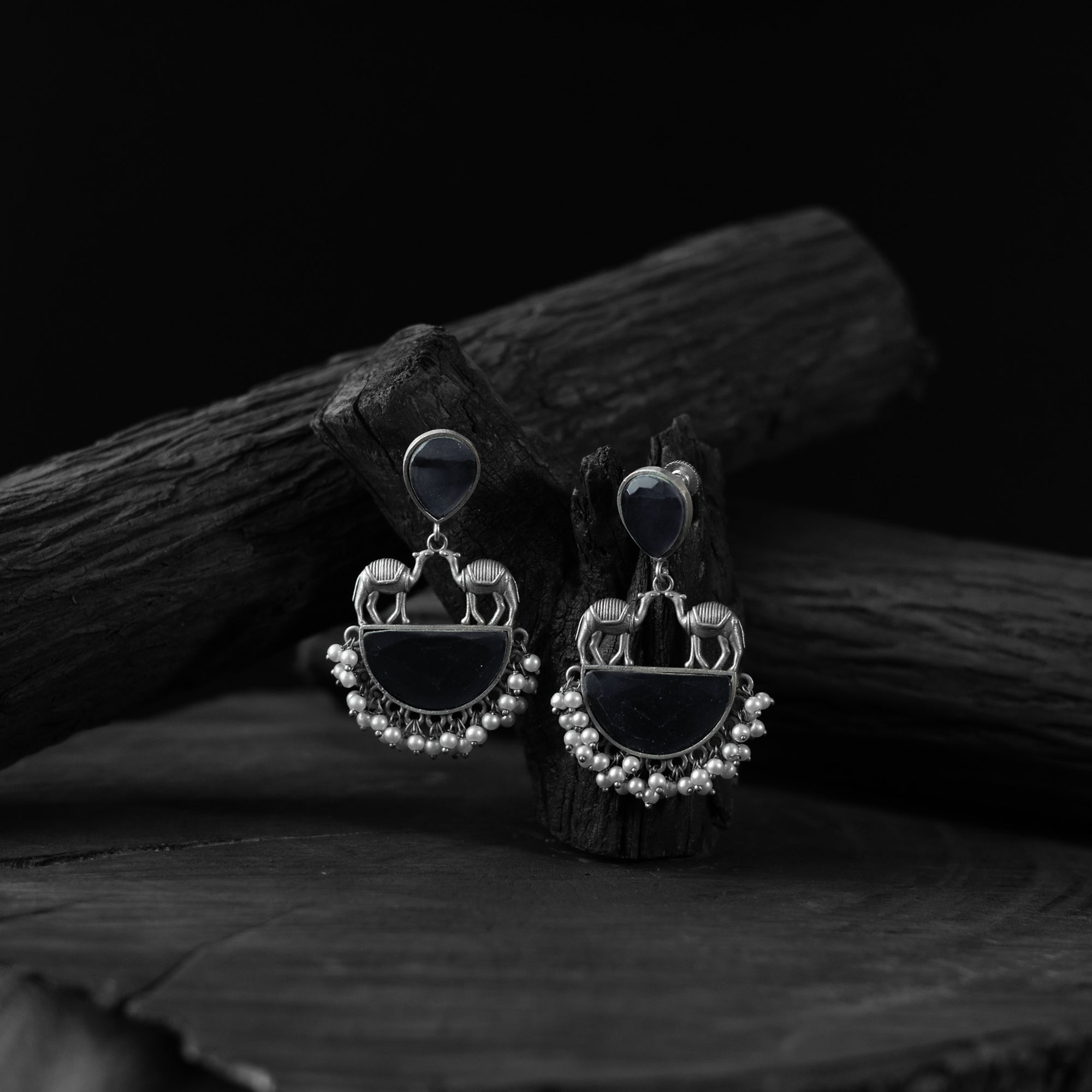 Saanjh Bela Dark Gray Camel Oxidised Earrings