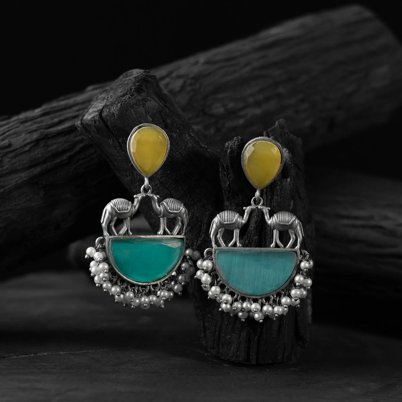 Saanjh Bela Yellow & Sky Blue Camel Oxidised Earrings