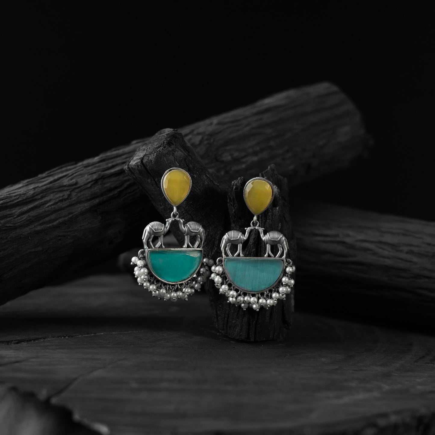 Saanjh Bela Yellow & Sky Blue Camel Oxidised Earrings
