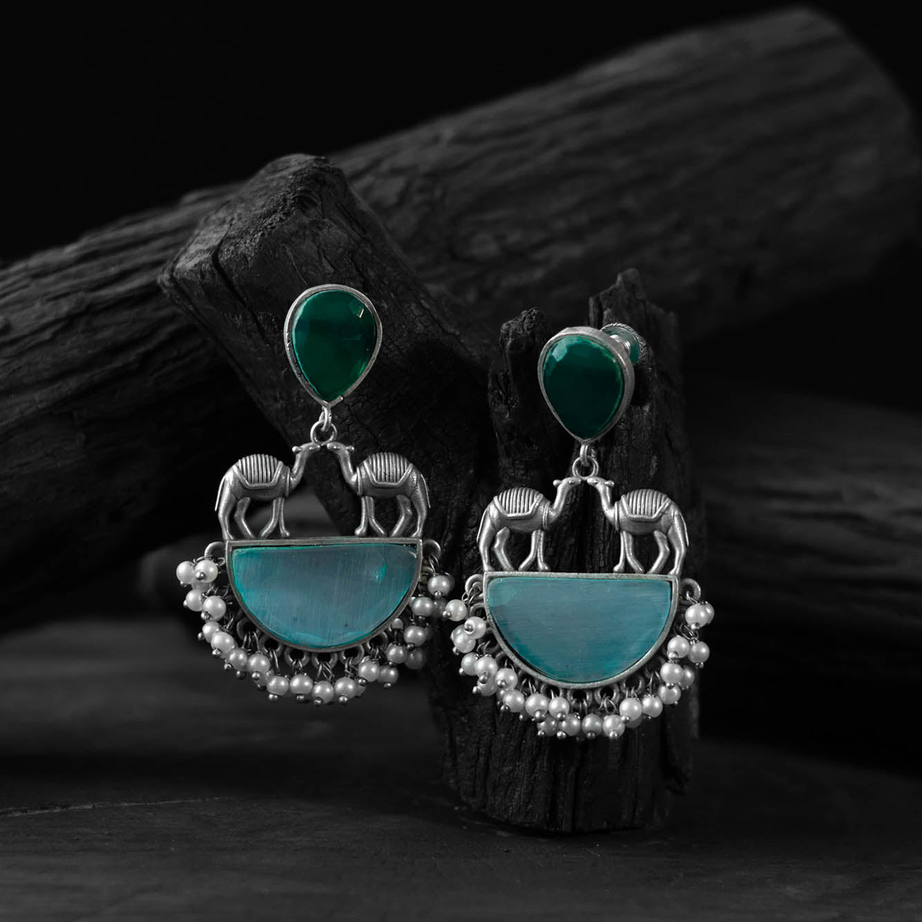 Saanjh Bela Green & Sky Blue Camel Oxidised Earrings