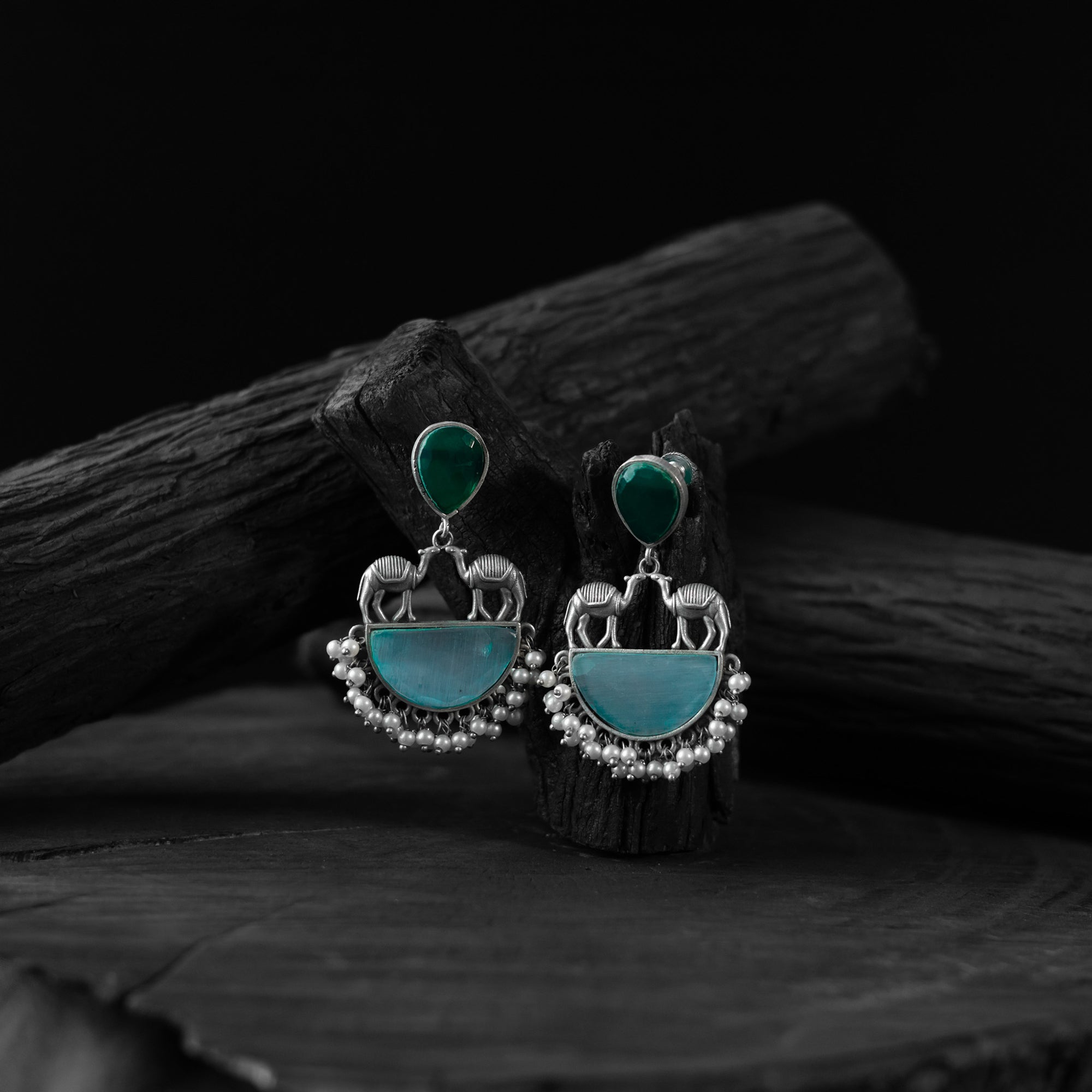 Saanjh Bela Green & Sky Blue Camel Oxidised Earrings