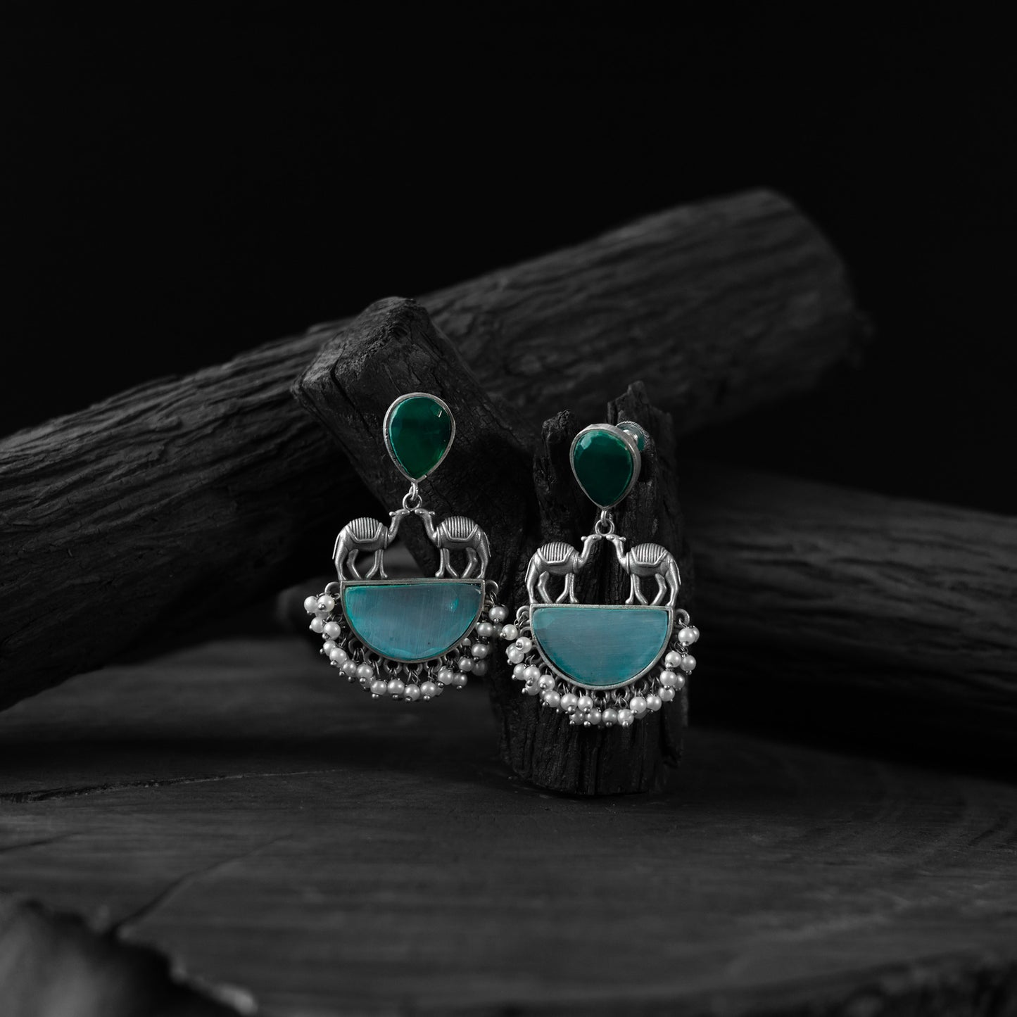Saanjh Bela Green & Sky Blue Camel Oxidised Earrings