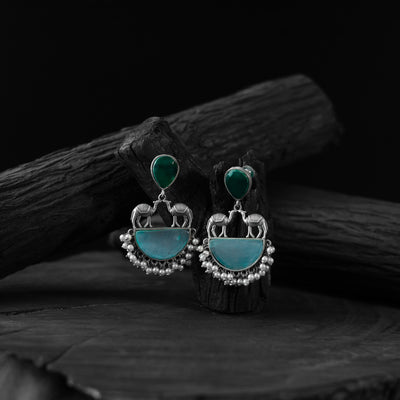 Saanjh Bela Green & Sky Blue Camel Oxidised Earrings