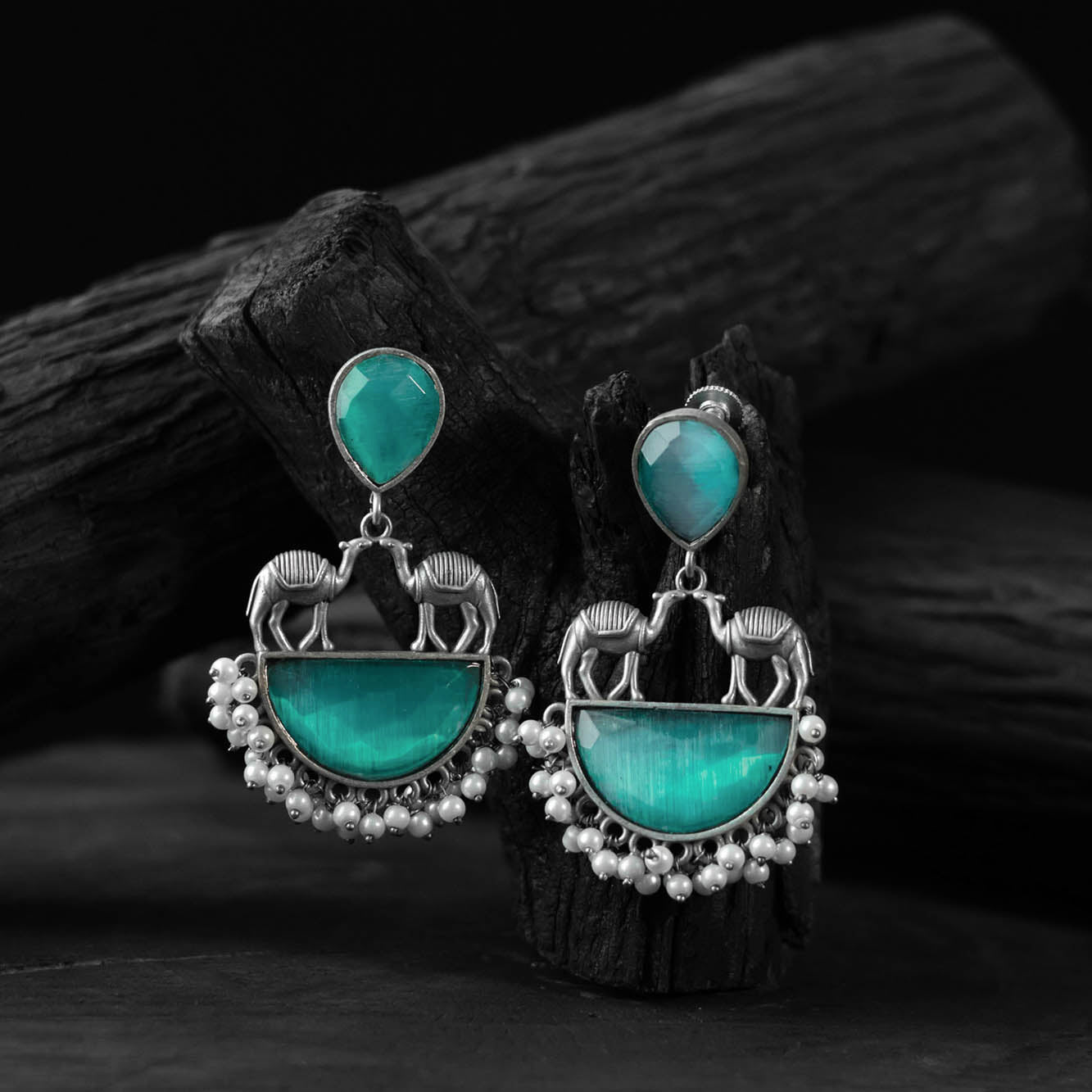 Saanjh Bela Sky Blue Camel Oxidised Earrings