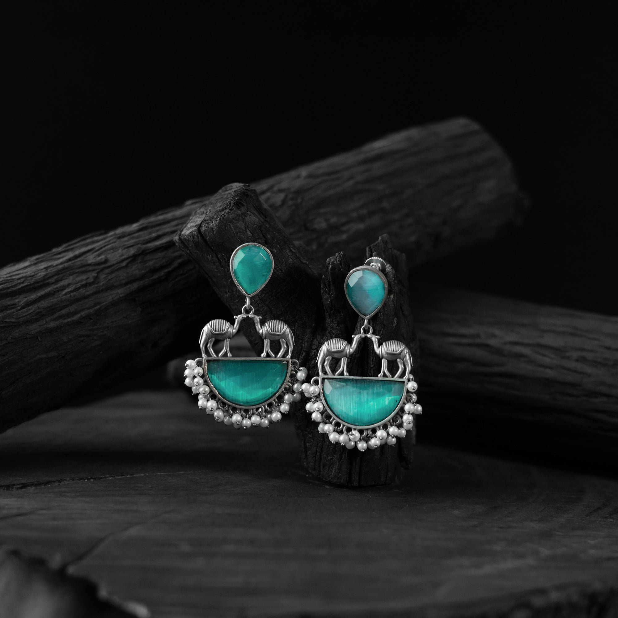 Saanjh Bela Sky Blue Camel Oxidised Earrings