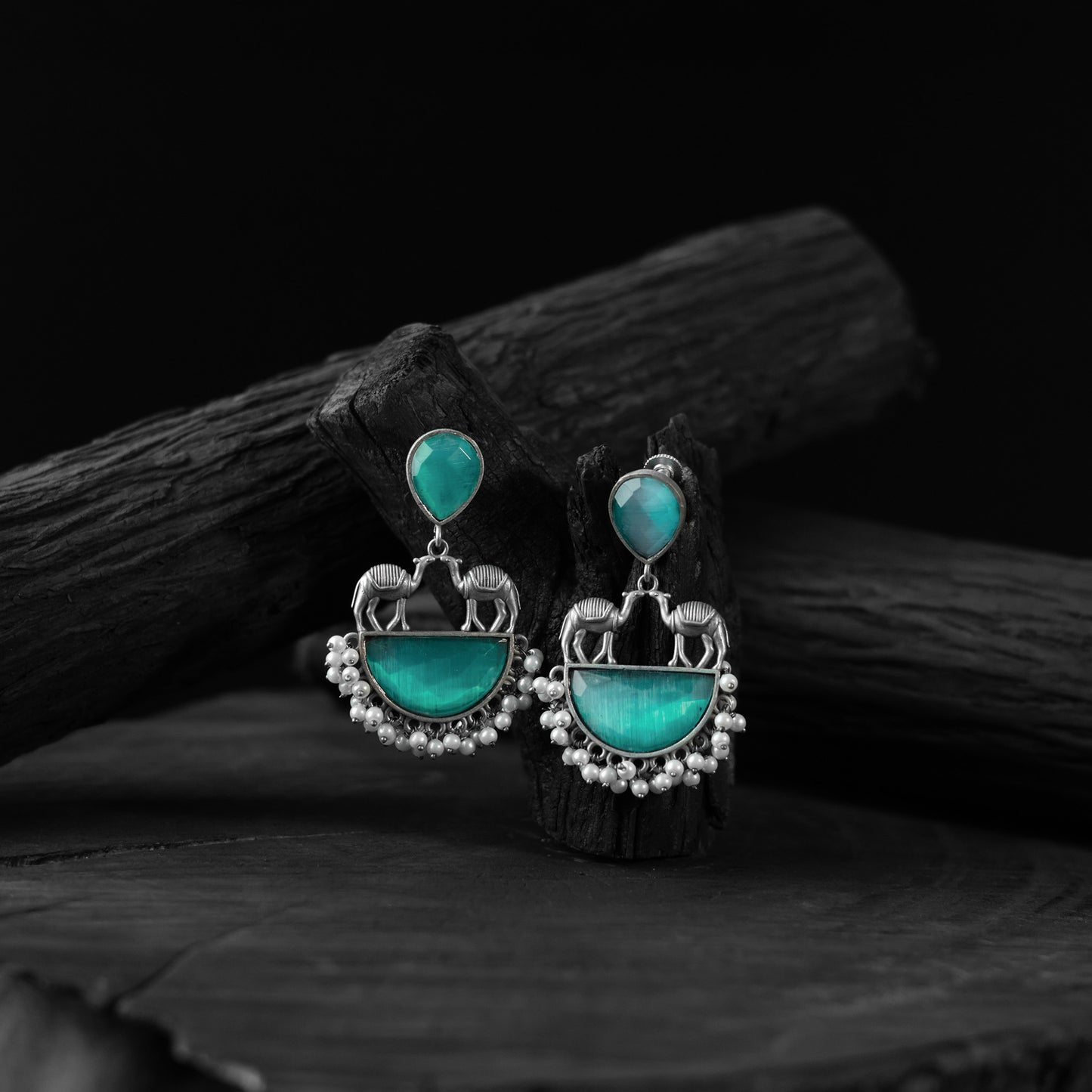 Saanjh Bela Sky Blue Camel Oxidised Earrings