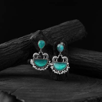 Saanjh Bela Sky Blue Camel Oxidised Earrings