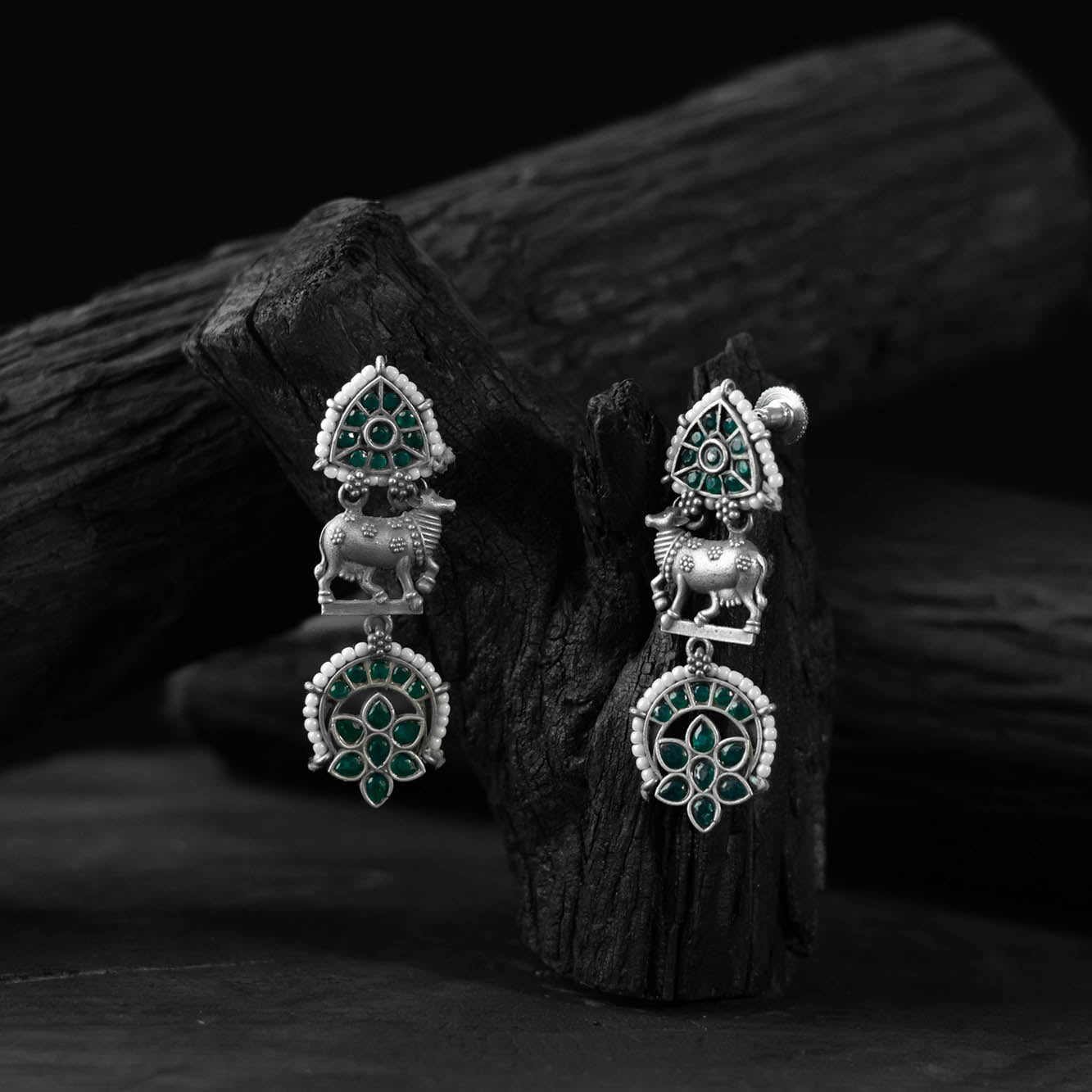 Saanjh Bela Green Nandi Oxidised Earrings