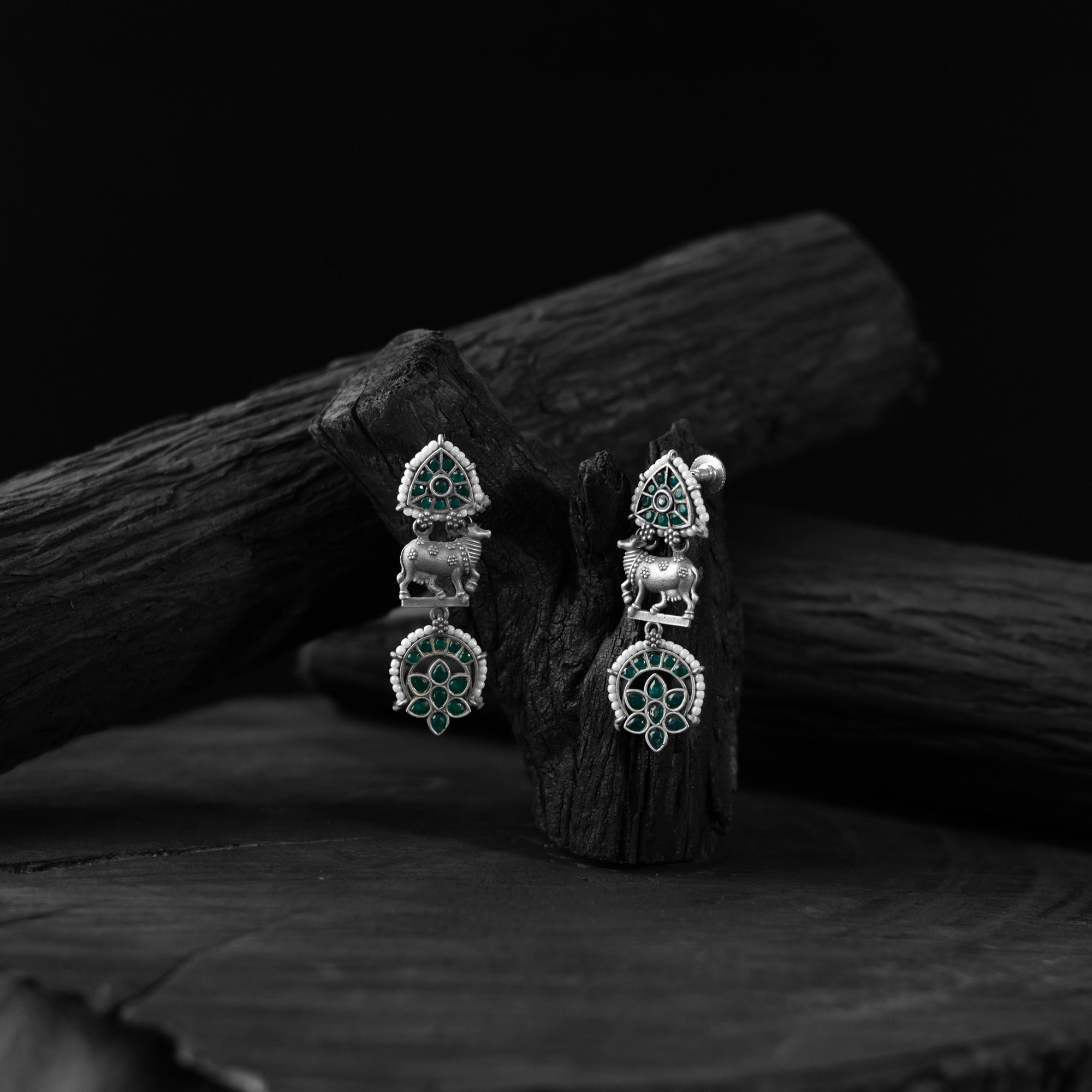 Saanjh Bela Green Nandi Oxidised Earrings