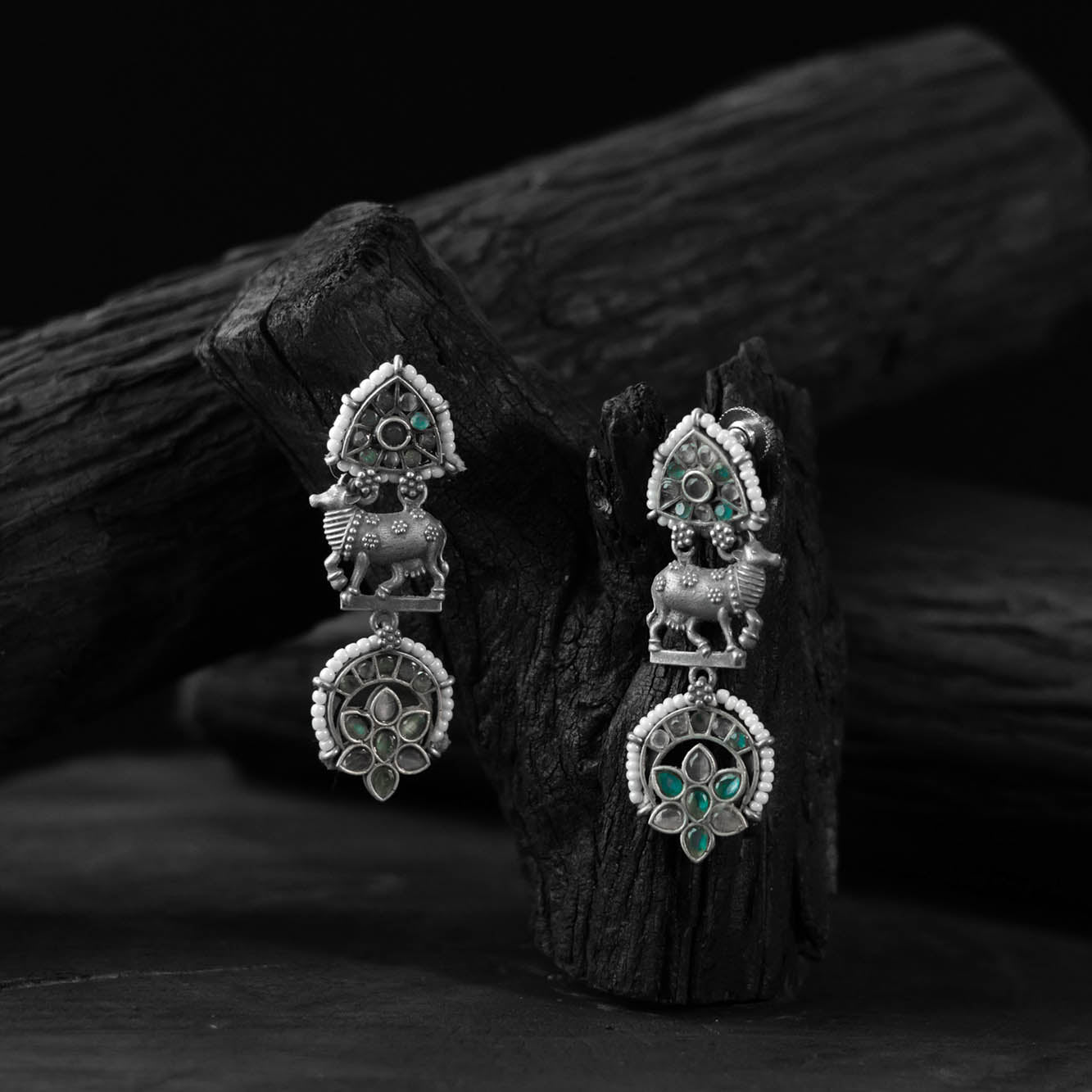 Saanjh Bela Gray & Green Nandi Oxidised Earrings