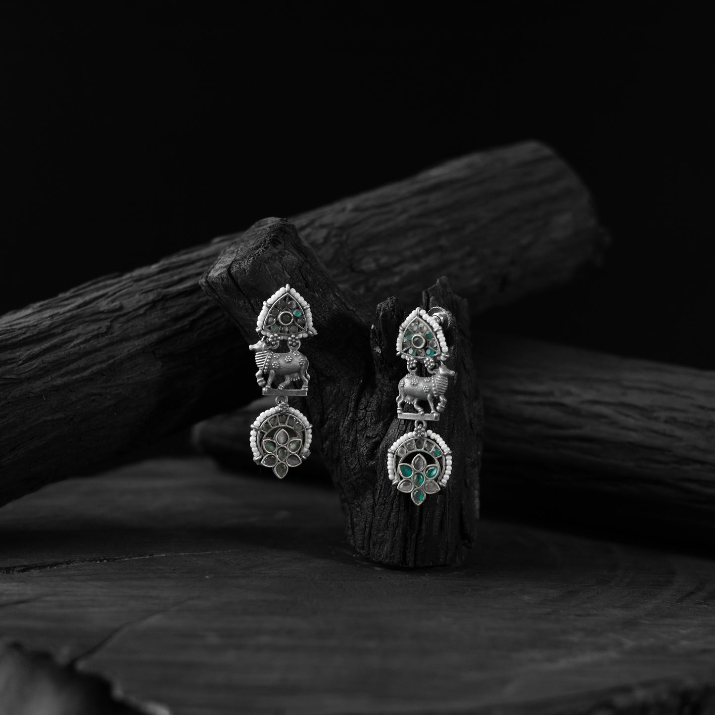 Saanjh Bela Gray & Green Nandi Oxidised Earrings