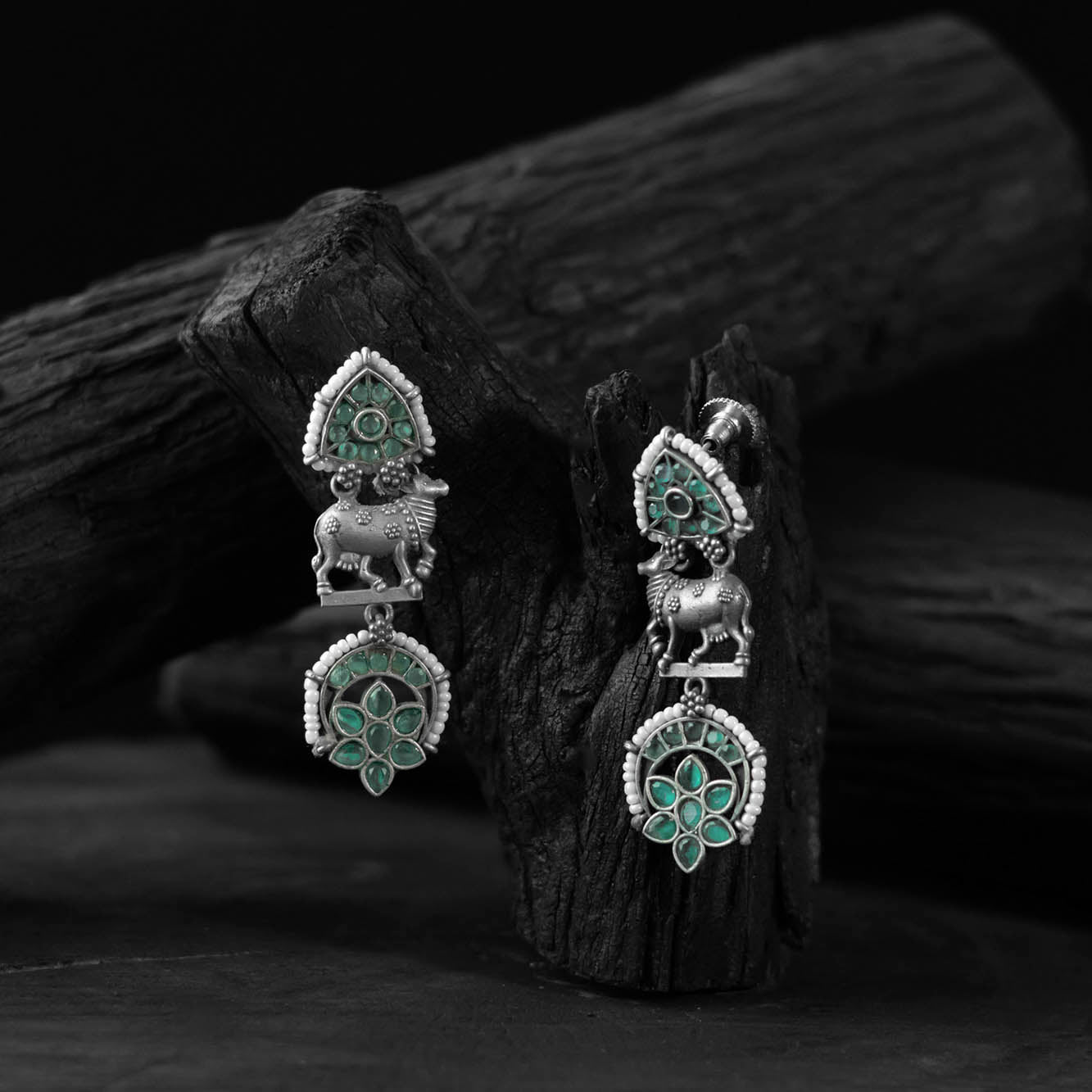 Green Nandi Saanjh Bela Oxidised Earrings