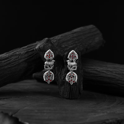 Saanjh Bela Red & Gray Nandi Oxidised Earrings