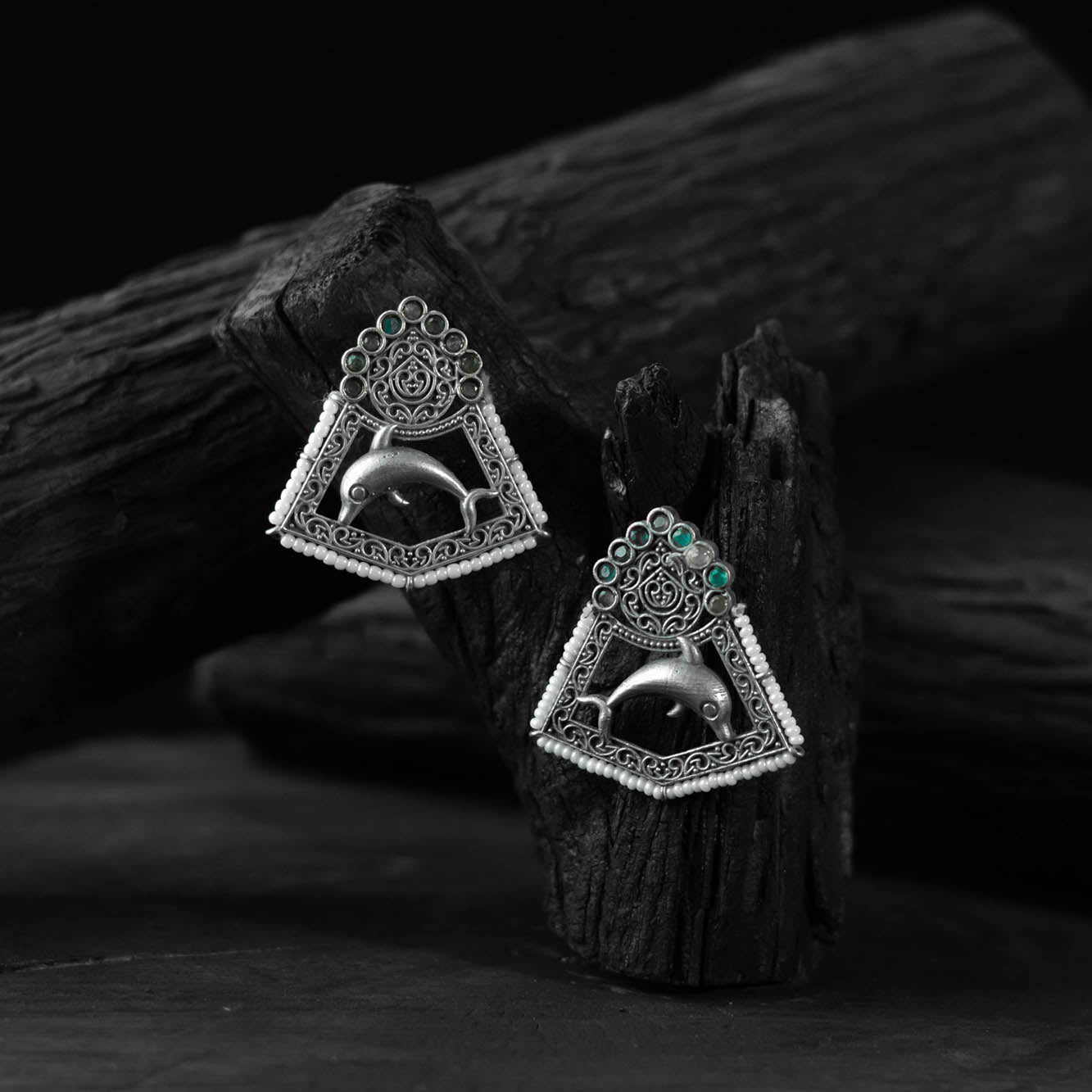 Saanjh Bela Green & Gray Dolphin Oxidised Earrings