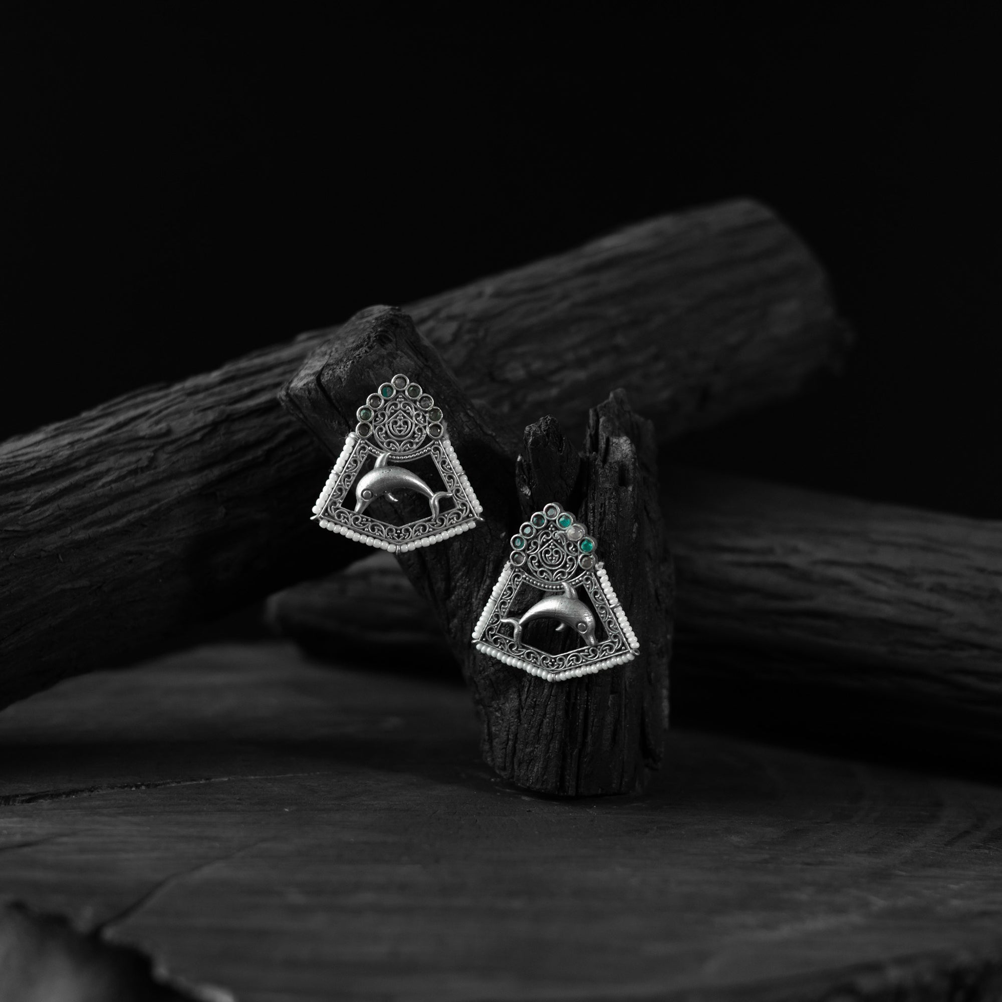 Saanjh Bela Green & Gray Dolphin Oxidised Earrings