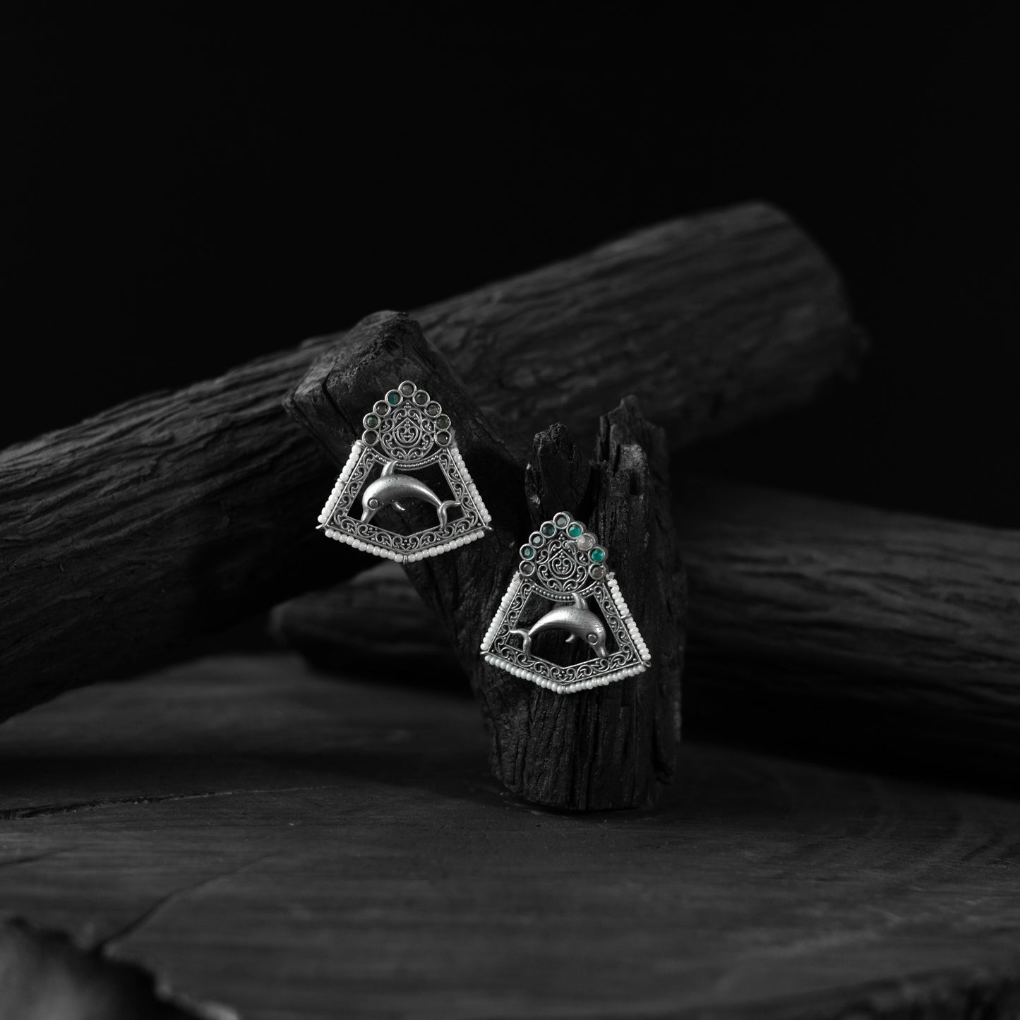 Saanjh Bela Green & Gray Dolphin Oxidised Earrings