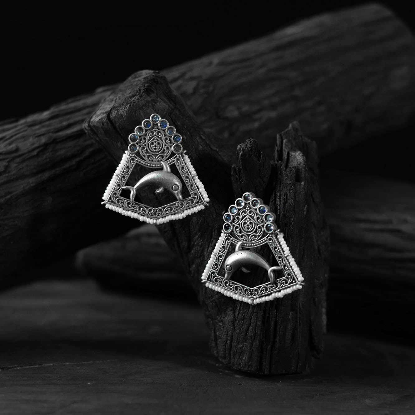 Saanjh Bela Blue Dolphin Oxidised Earrings