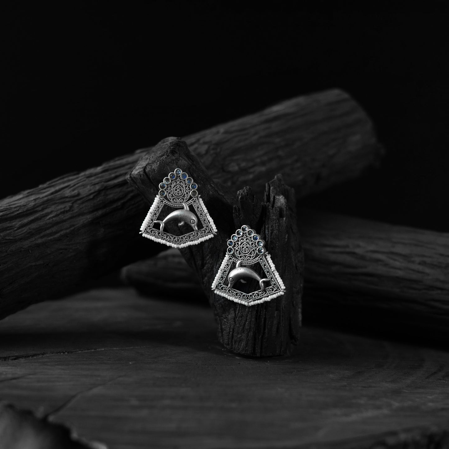 Saanjh Bela Blue Dolphin Oxidised Earrings