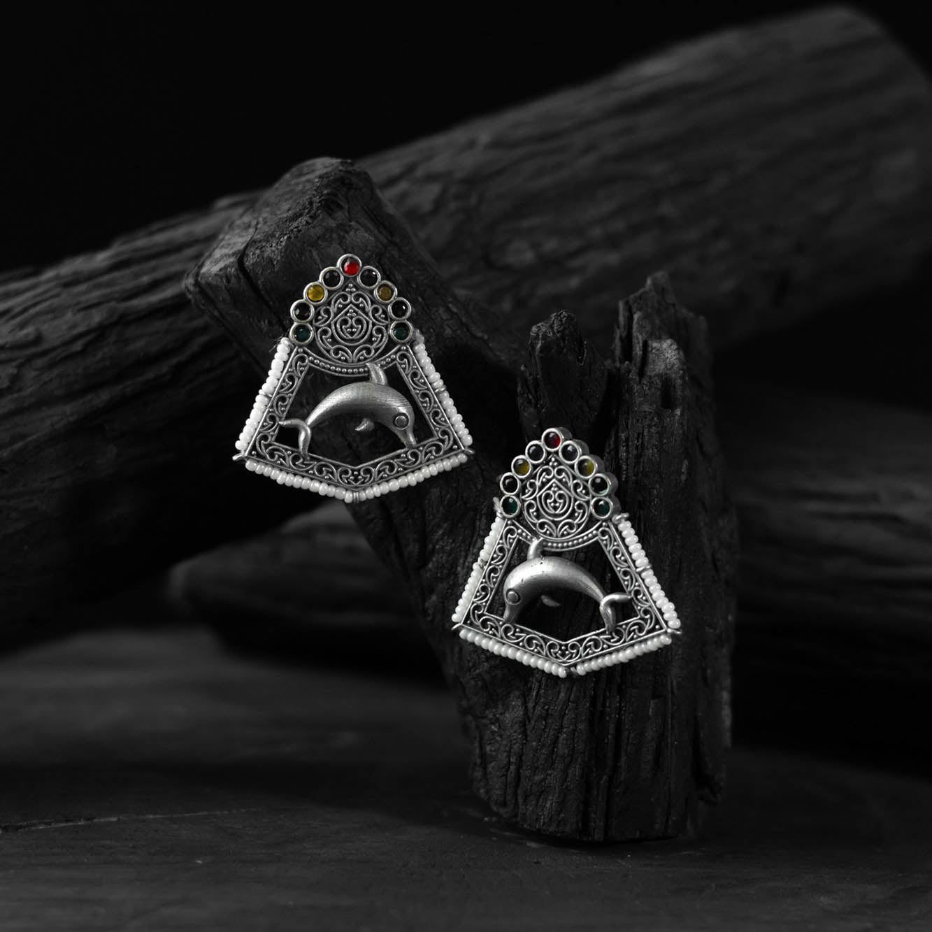 Saanjh Bela Multicolor Dolphin Oxidised Earrings
