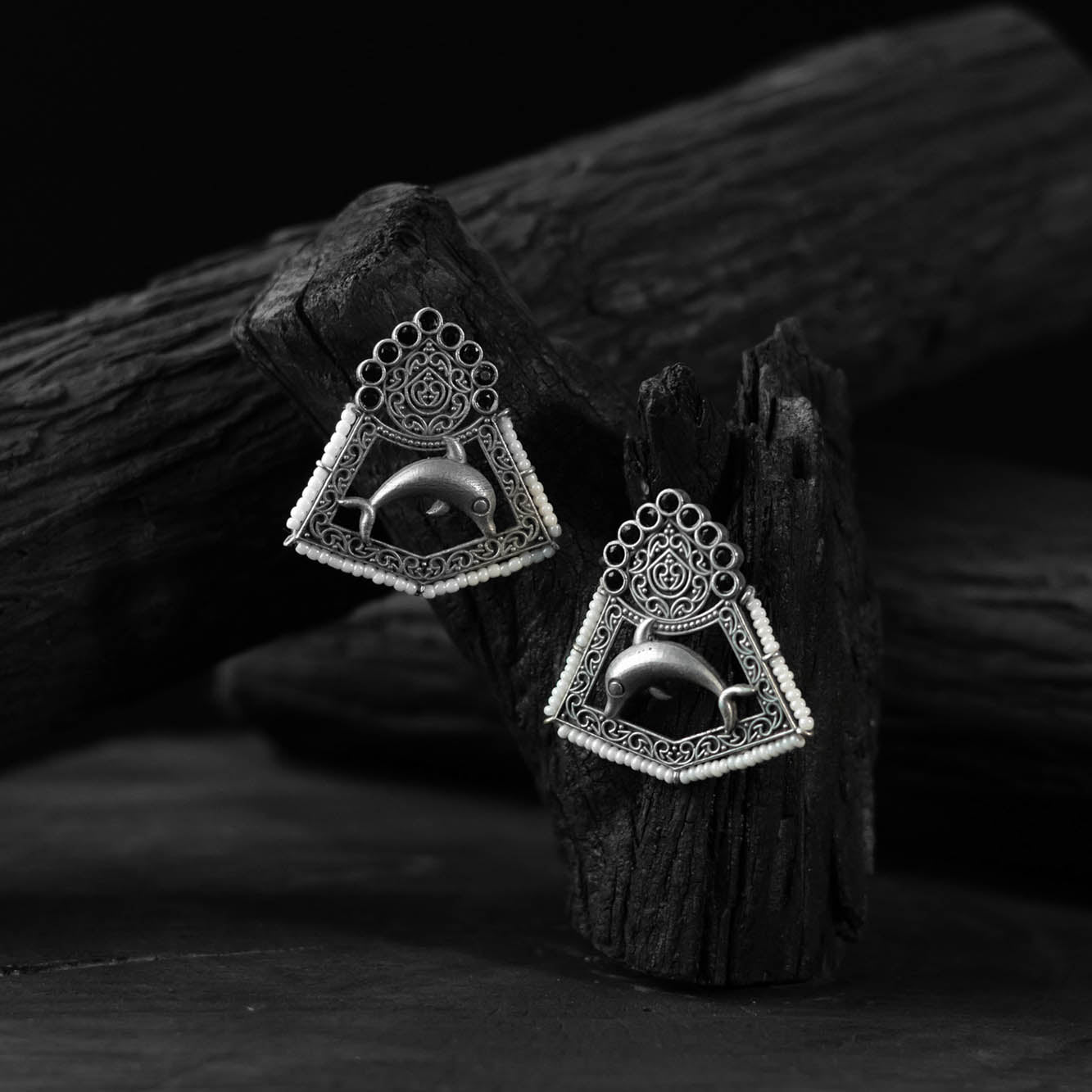 Saanjh Bela Black Dolphin Oxidised Earrings