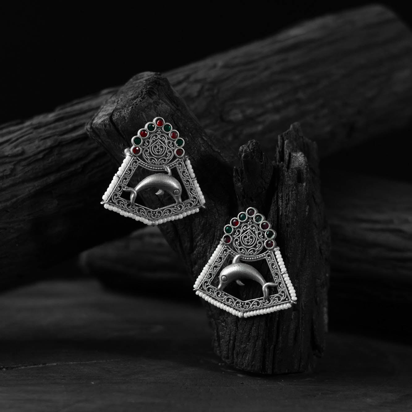 Saanjh Bela Green & Red Dolphin Oxidised Earrings
