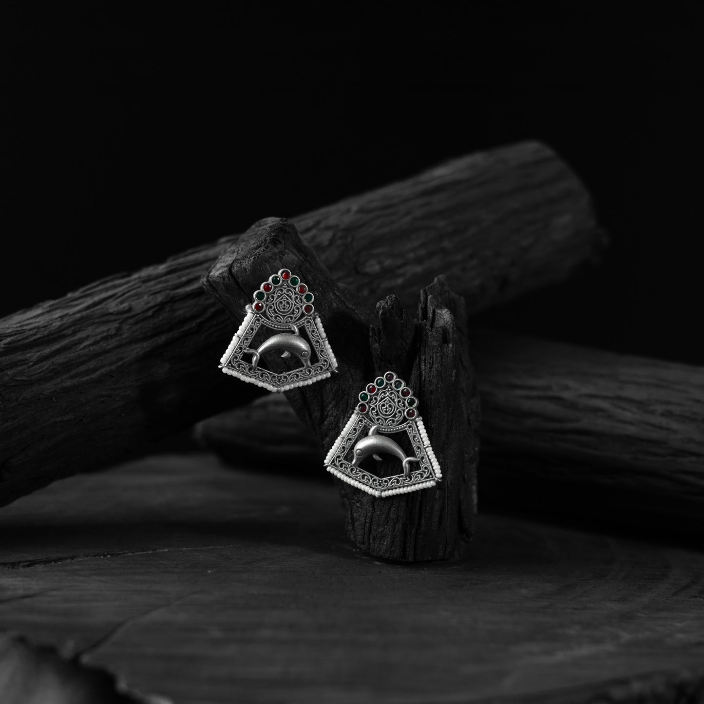 Saanjh Bela Green & Red Dolphin Oxidised Earrings