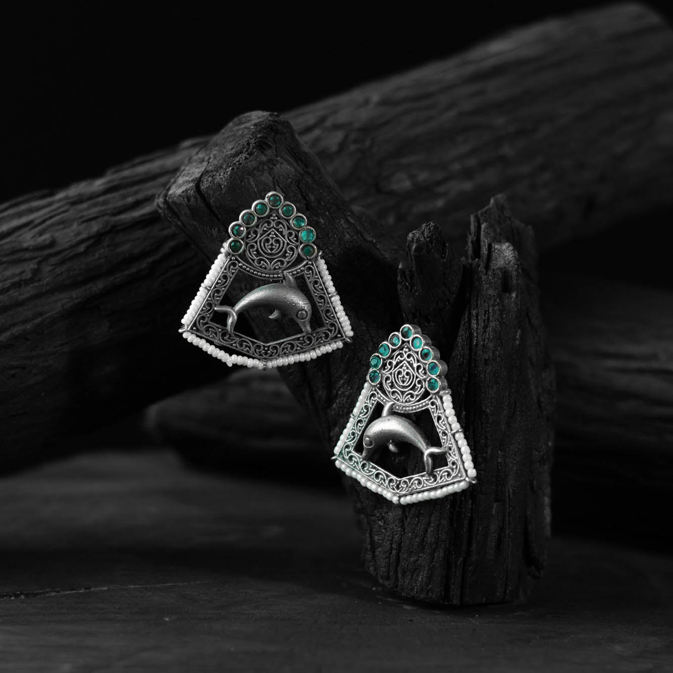 Saanjh Bela Green Dolphin Oxidised Earrings