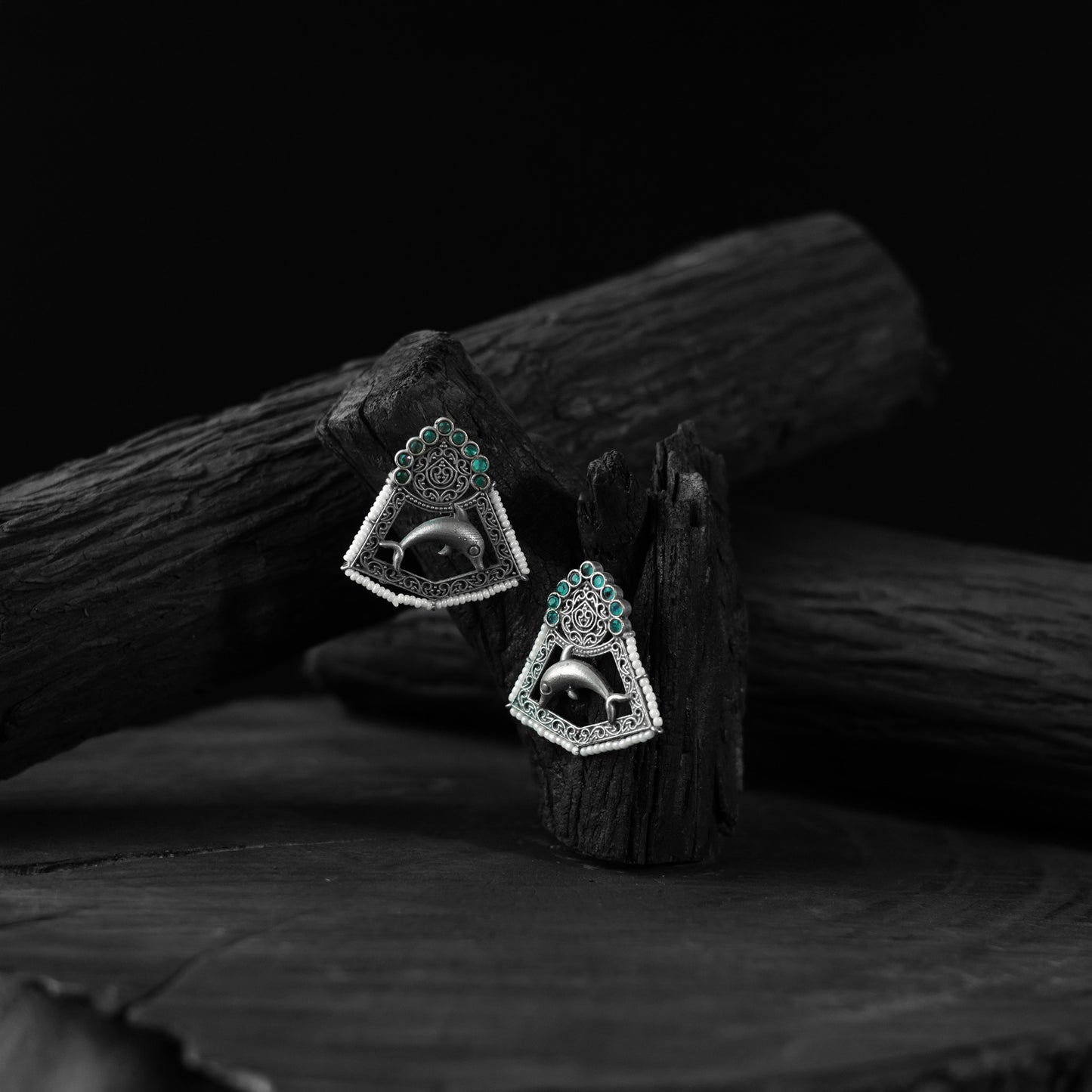 Saanjh Bela Green Dolphin Oxidised Earrings